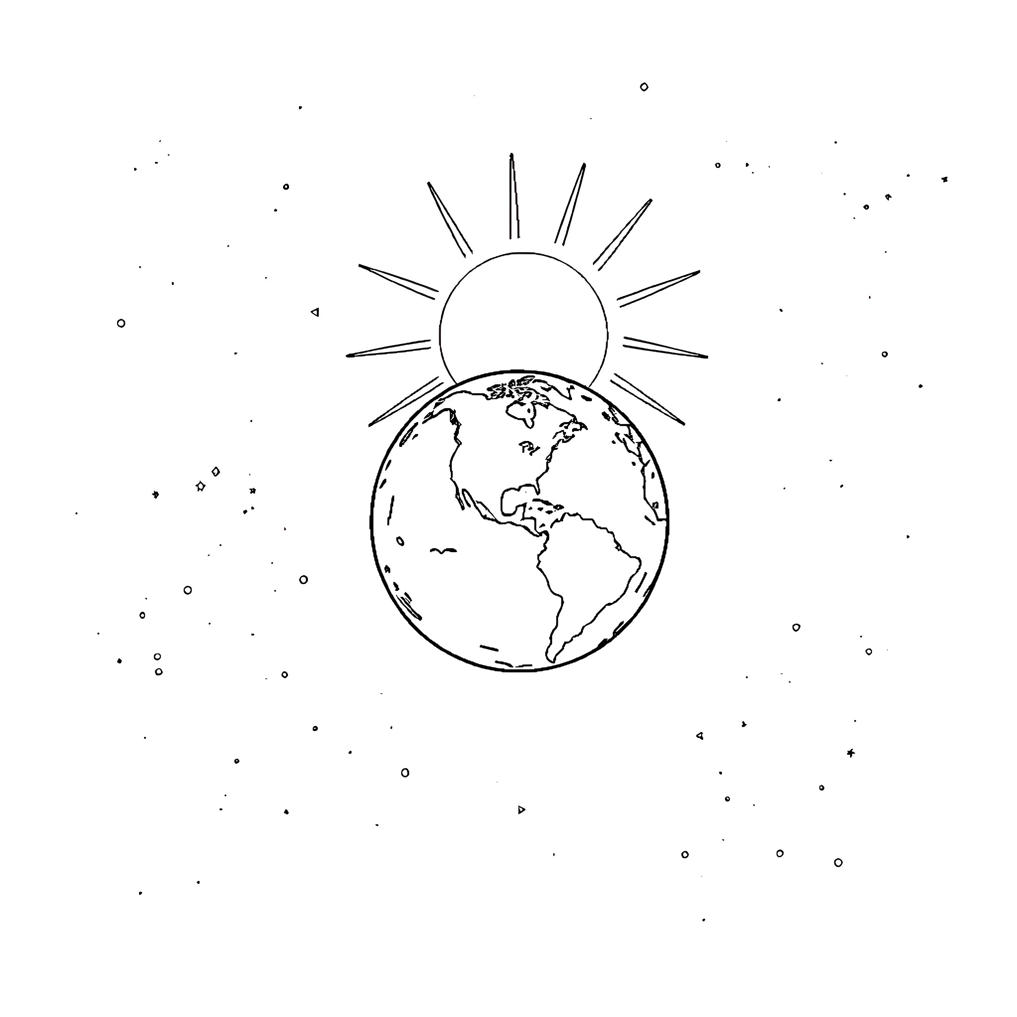 Sun rises over the world Coloring Page (free black-and-white line drawing printable PDF for all, from beginners to advanced learners, including children, teens, adults, and seniors)