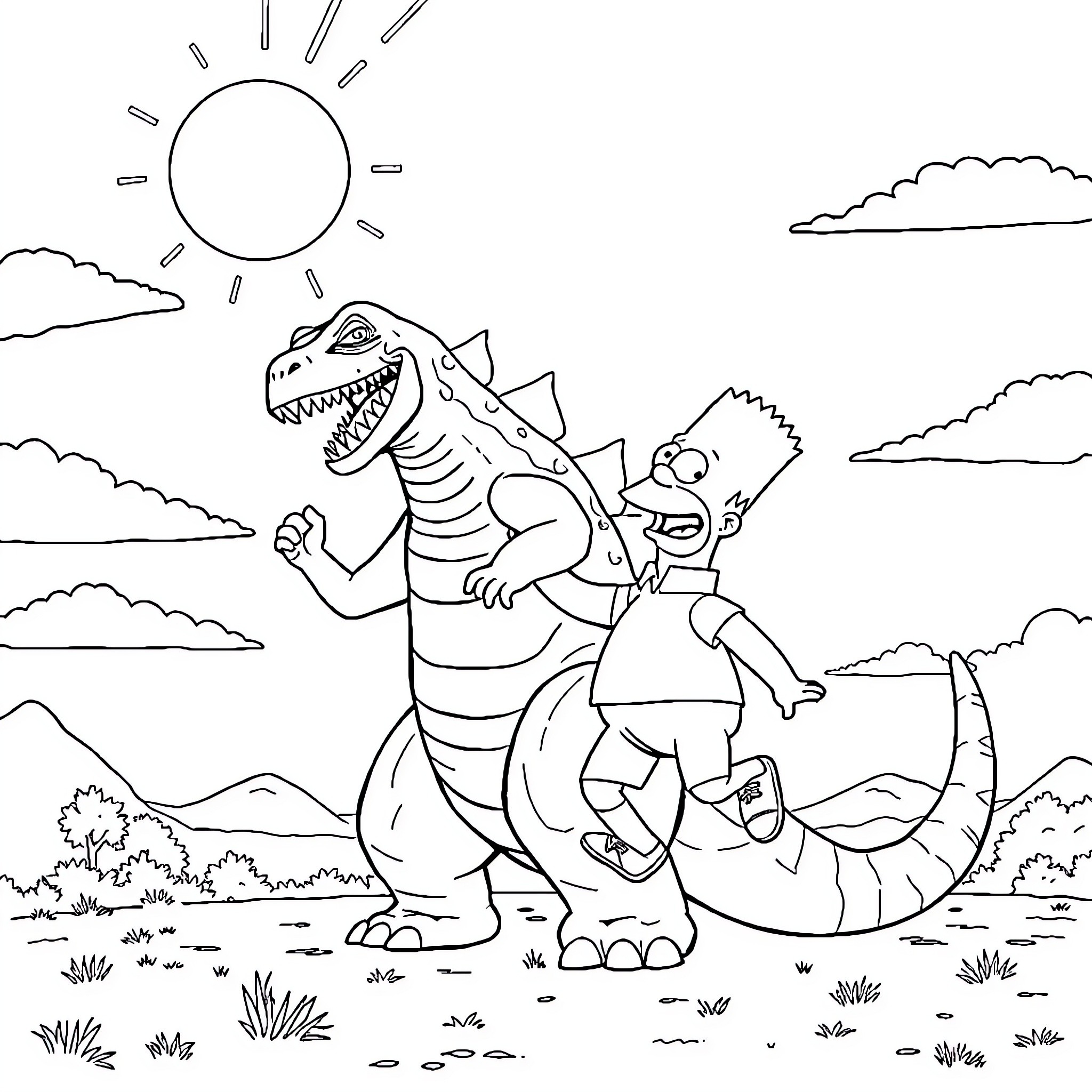 Godzilla roaring with a character riding on its back Coloring Page (free black-and-white line drawing printable PDF for all, from beginners to advanced learners, including children, teens, adults, and seniors)
