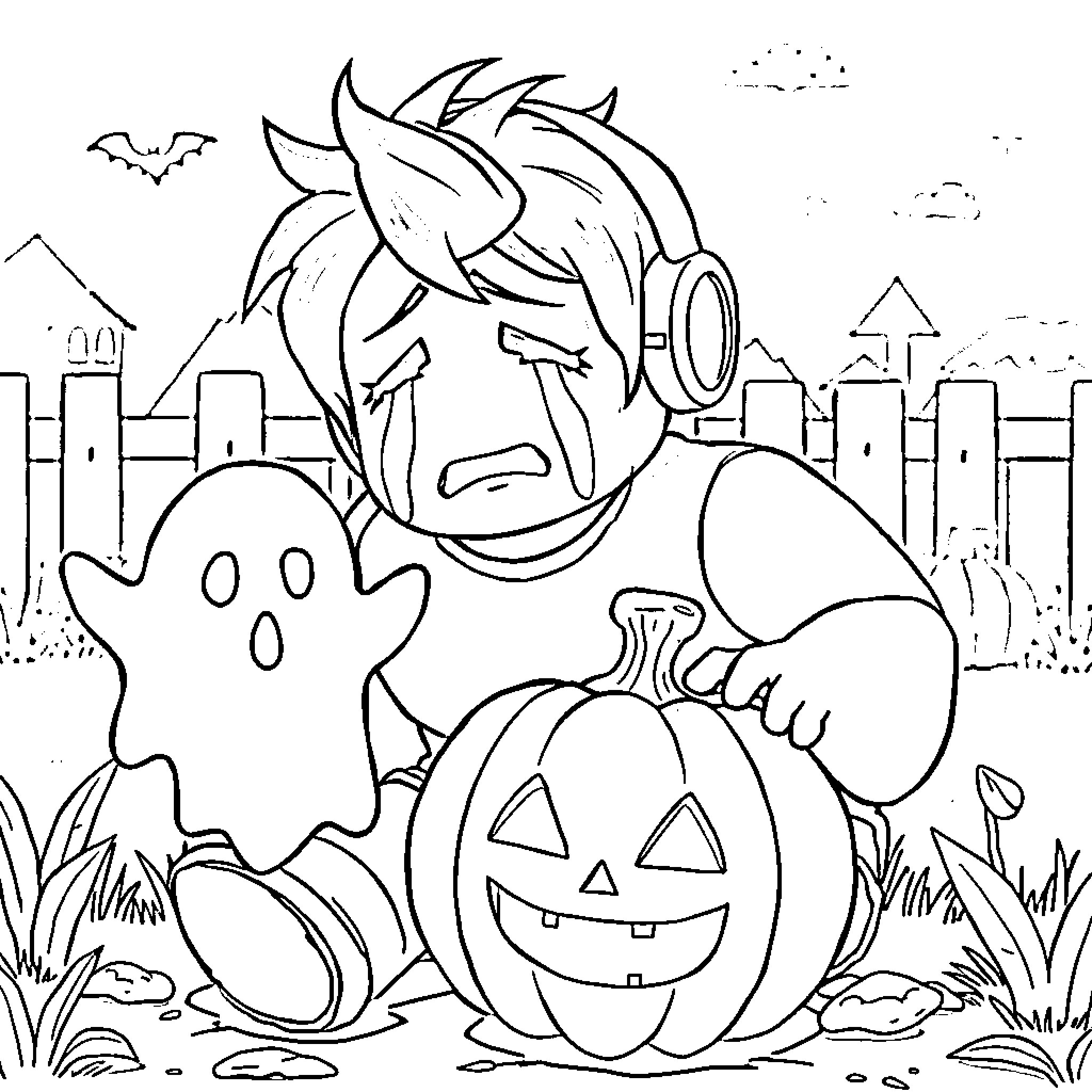 Person celebrating Halloween with pumpkins and ghosts Coloring Page (free black-and-white line drawing printable PDF for all, from beginners to advanced learners, including children, teens, adults, and seniors)