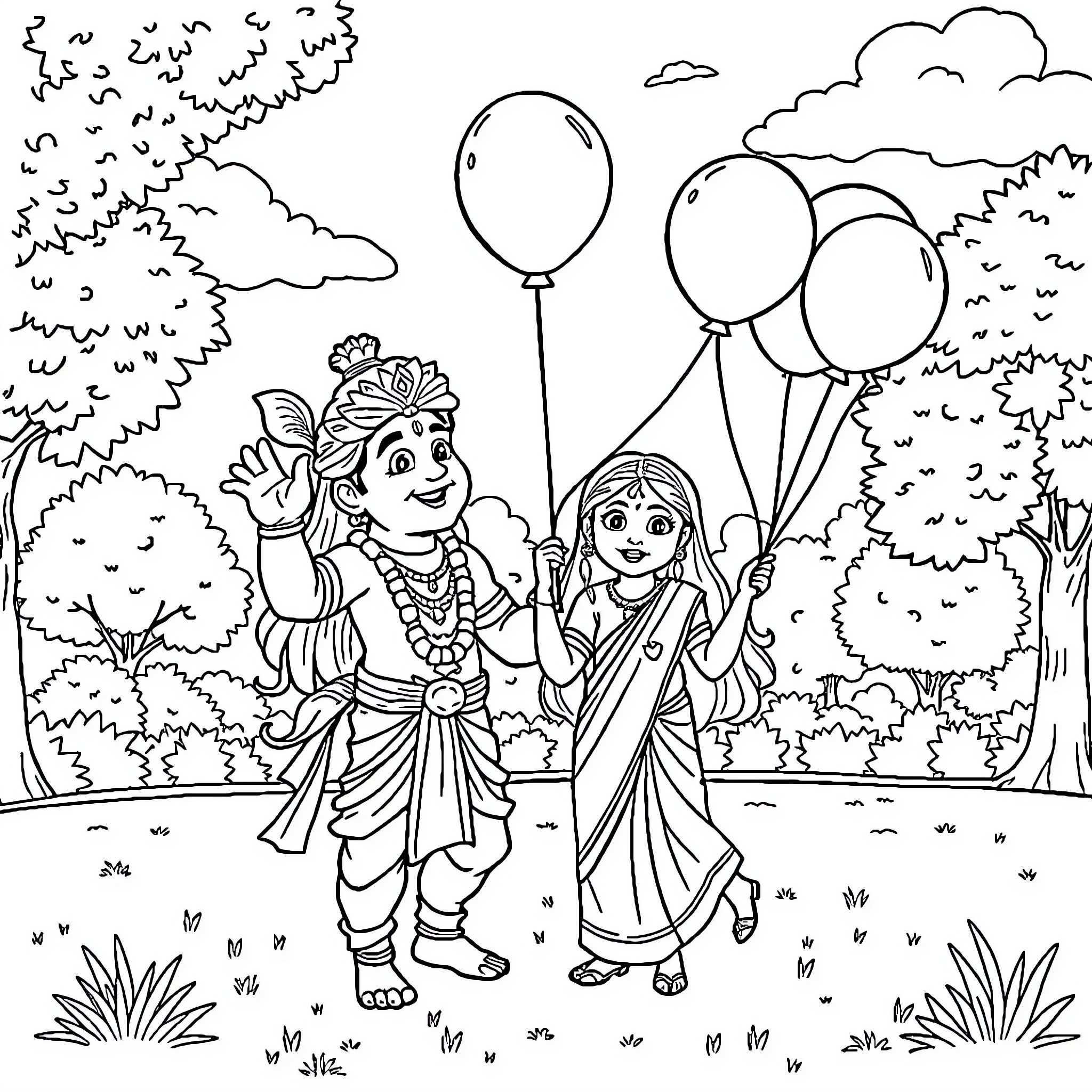 Hanuman and Sita enjoying a festive celebration Coloring Page (free black-and-white line drawing printable PDF for all, from beginners to advanced learners, including children, teens, adults, and seniors)