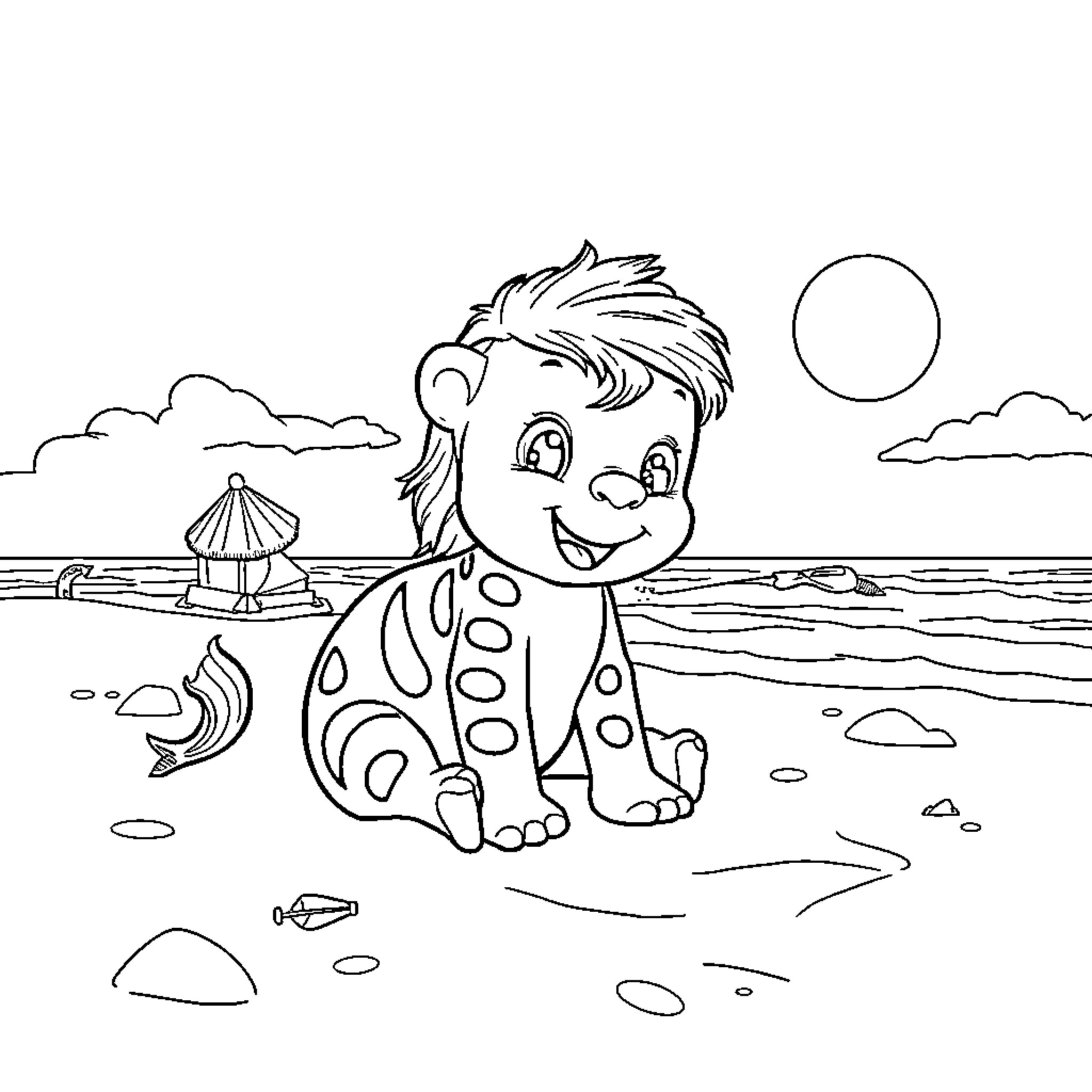Babblarna playing happily at the beach Coloring Page (free black-and-white line drawing printable PDF for all, from beginners to advanced learners, including children, teens, adults, and seniors)