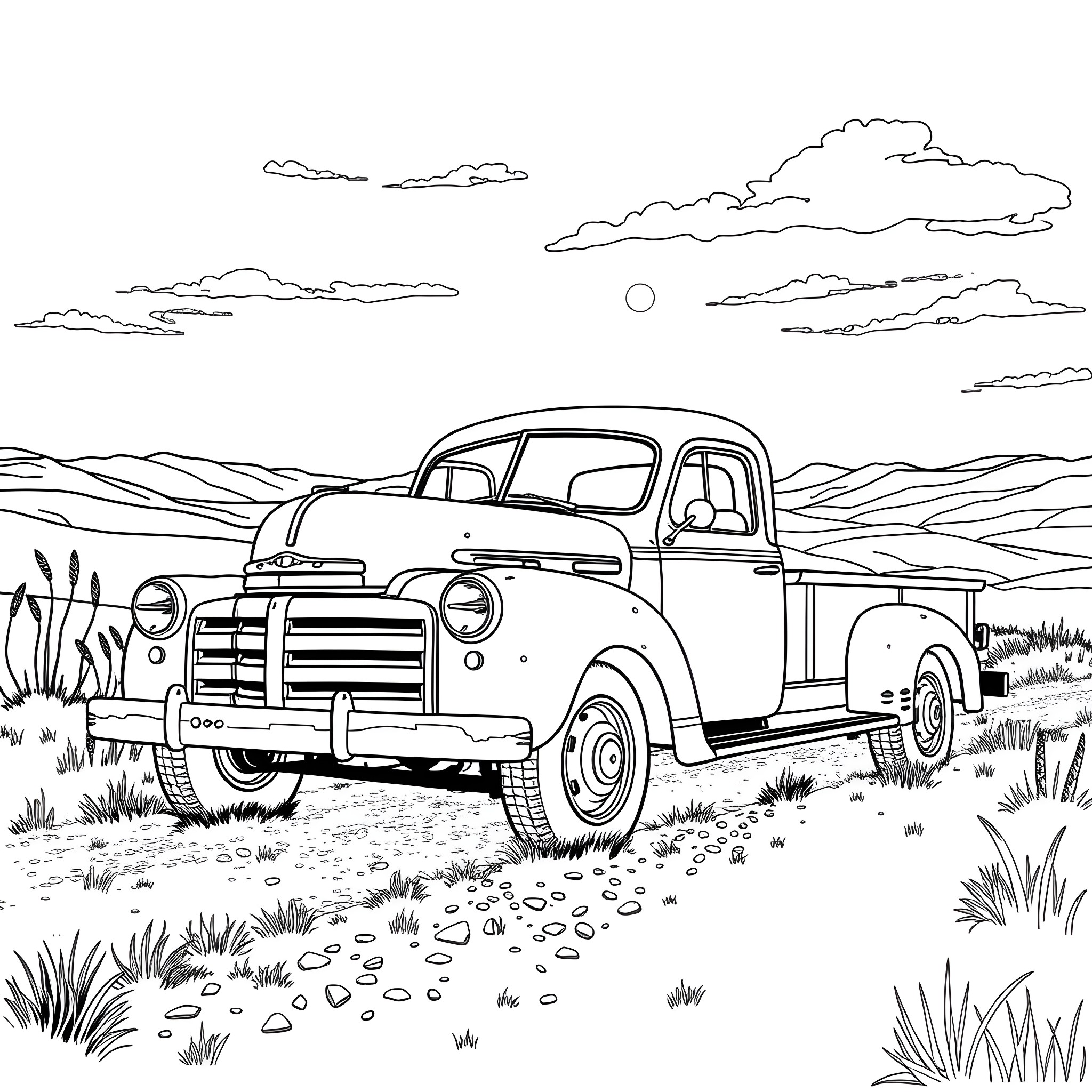 Truck in rural landscape with clouds Coloring Page (free black-and-white line drawing printable PDF for all, from beginners to advanced learners, including children, teens, adults, and seniors)