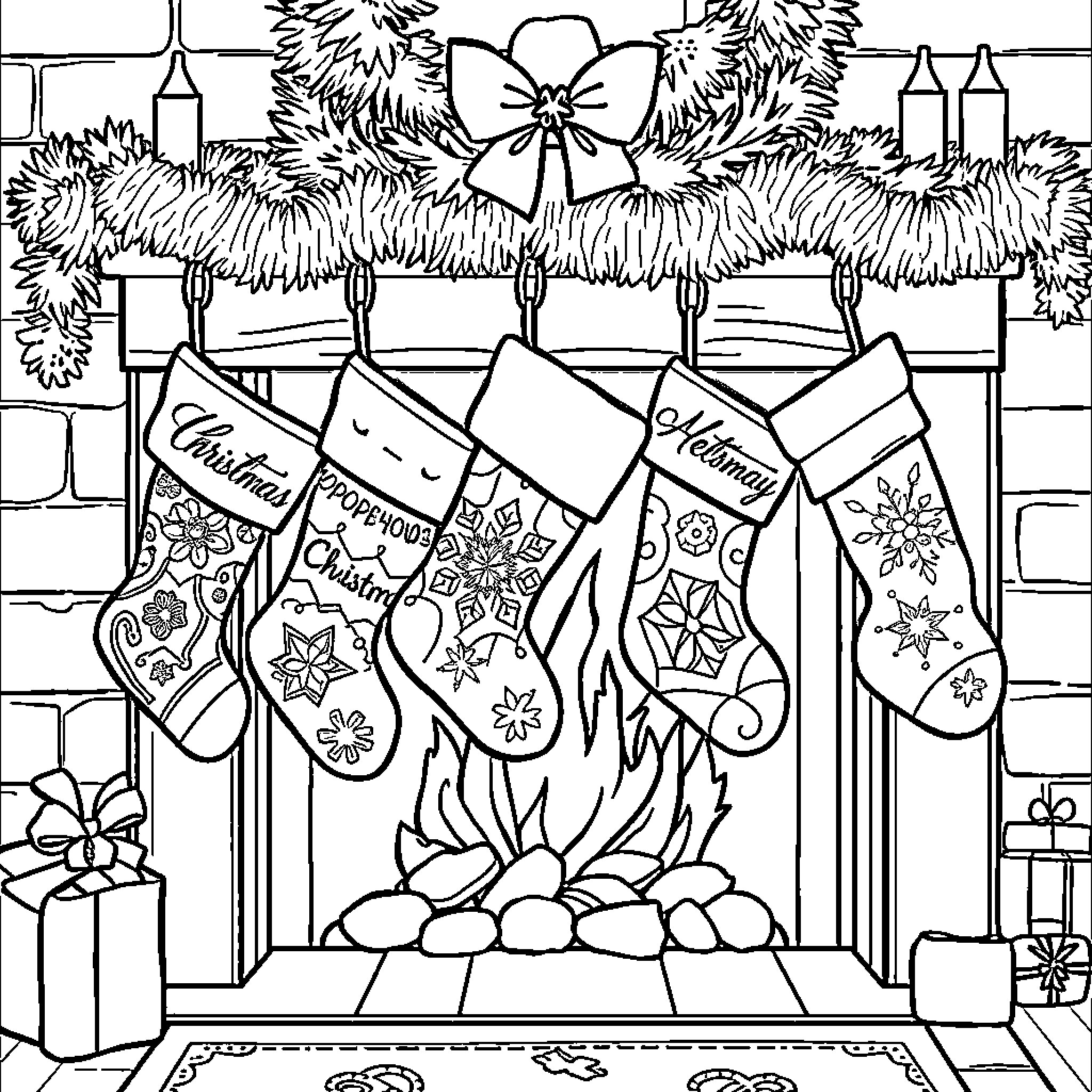 Christmas Socks Hanging by the Fireplace Coloring Page (free black-and-white line drawing printable PDF for all, from beginners to advanced learners, including children, teens, adults, and seniors)