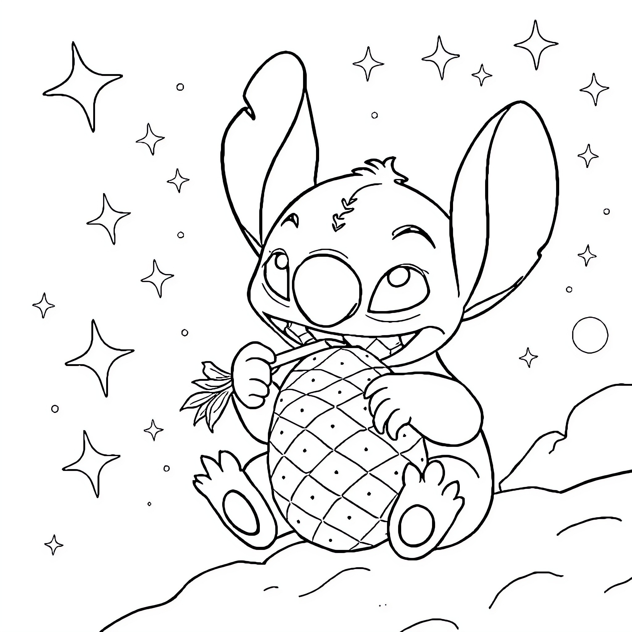 Stitch hugging a pineapple amidst twinkling stars Coloring Page (free black-and-white line drawing printable PDF for all, from beginners to advanced learners, including children, teens, adults, and seniors)