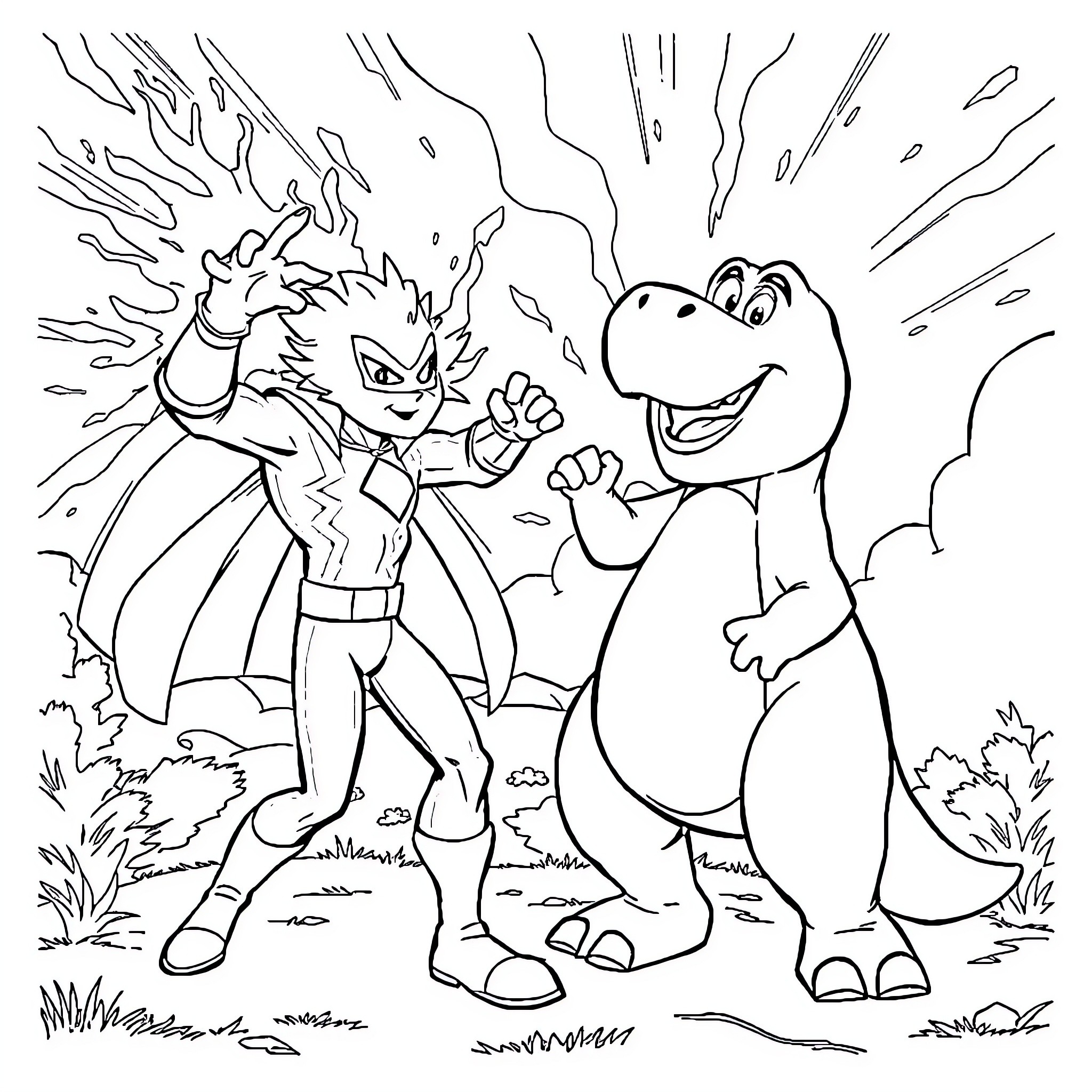 Static Shock interacting with a friendly dinosaur Coloring Page (free black-and-white line drawing printable PDF for all, from beginners to advanced learners, including children, teens, adults, and seniors)