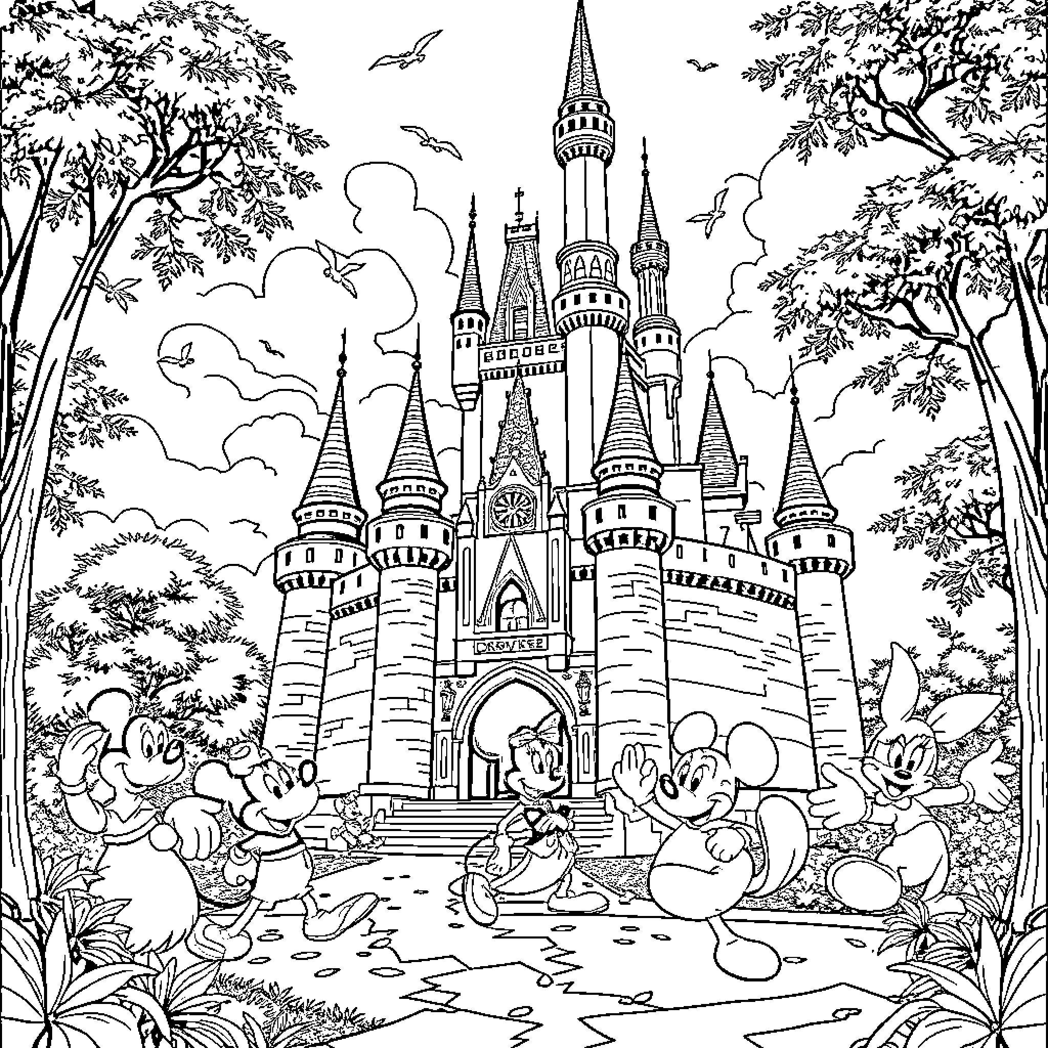 Castle with Whimsical Characters in Enchanting Landscape Coloring Page (free black-and-white line drawing printable PDF for all, from beginners to advanced learners, including children, teens, adults, and seniors)