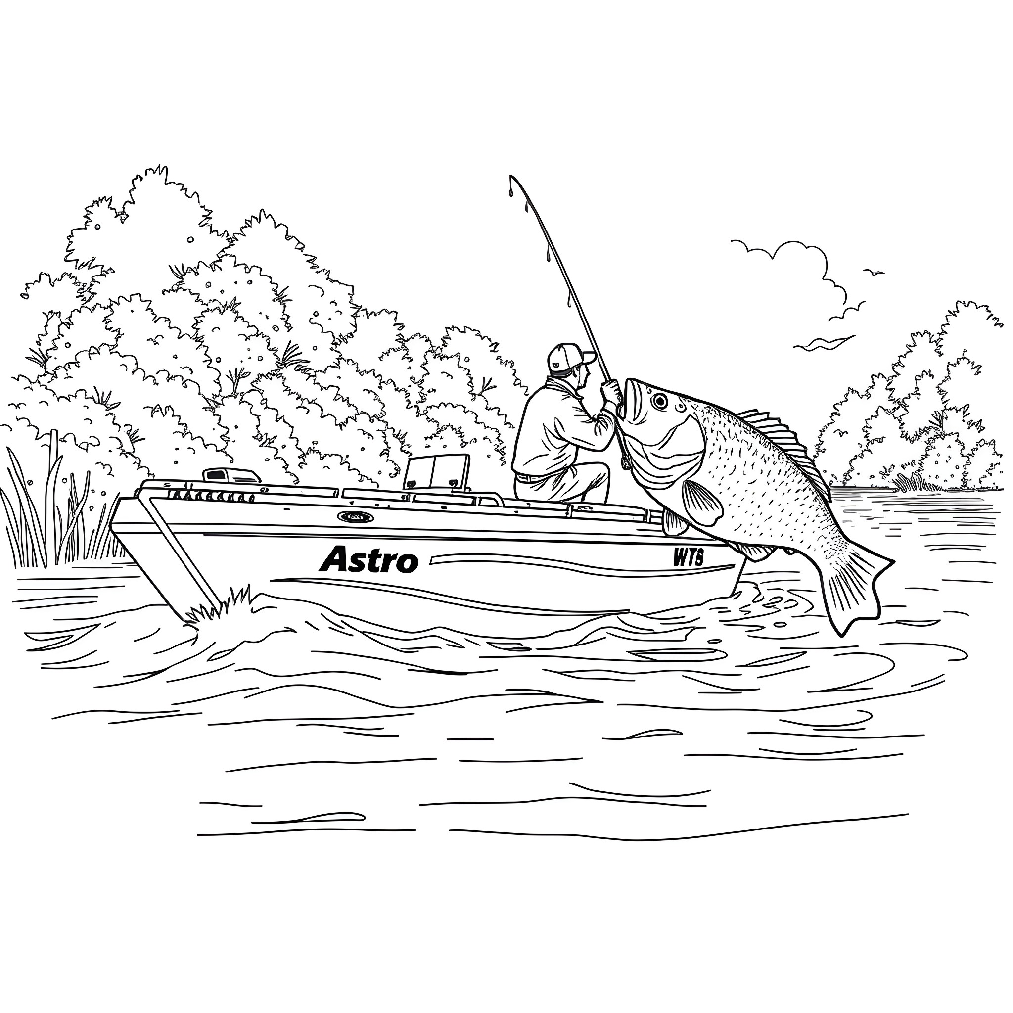 Largemouth Bass fishing in a boat on the lake Coloring Page (free black-and-white line drawing printable PDF for all, from beginners to advanced learners, including children, teens, adults, and seniors)