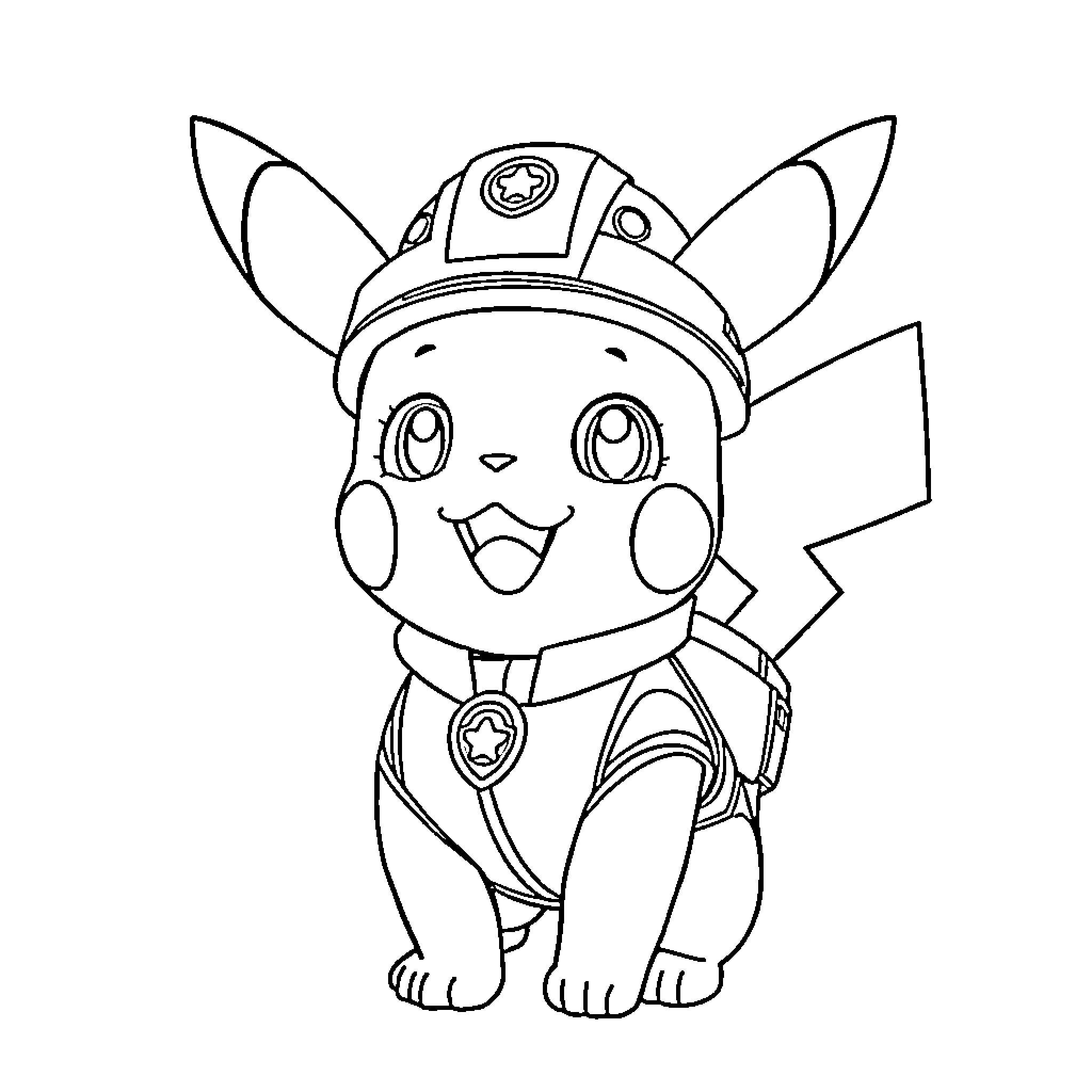 Pikachu dressed as rescue worker Coloring Page (free black-and-white line drawing printable PDF for all, from beginners to advanced learners, including children, teens, adults, and seniors)