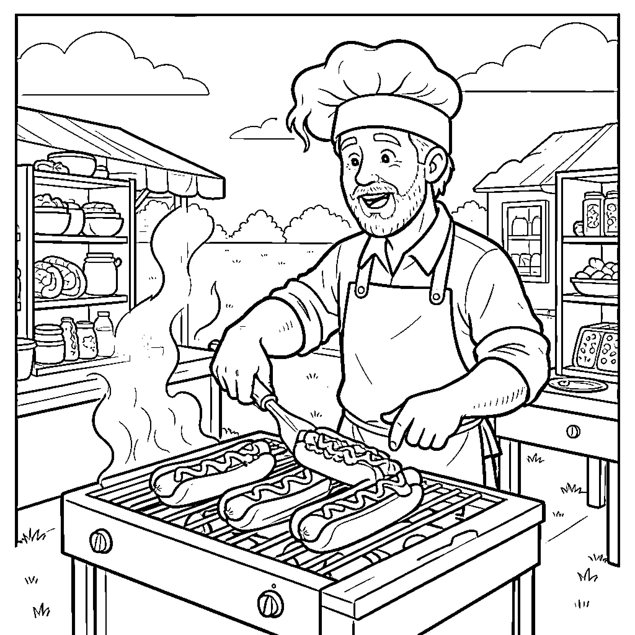 Hot Dog Chef Grilling Up Delicious Treats Coloring Page (free black-and-white line drawing printable PDF for all, from beginners to advanced learners, including children, teens, adults, and seniors)