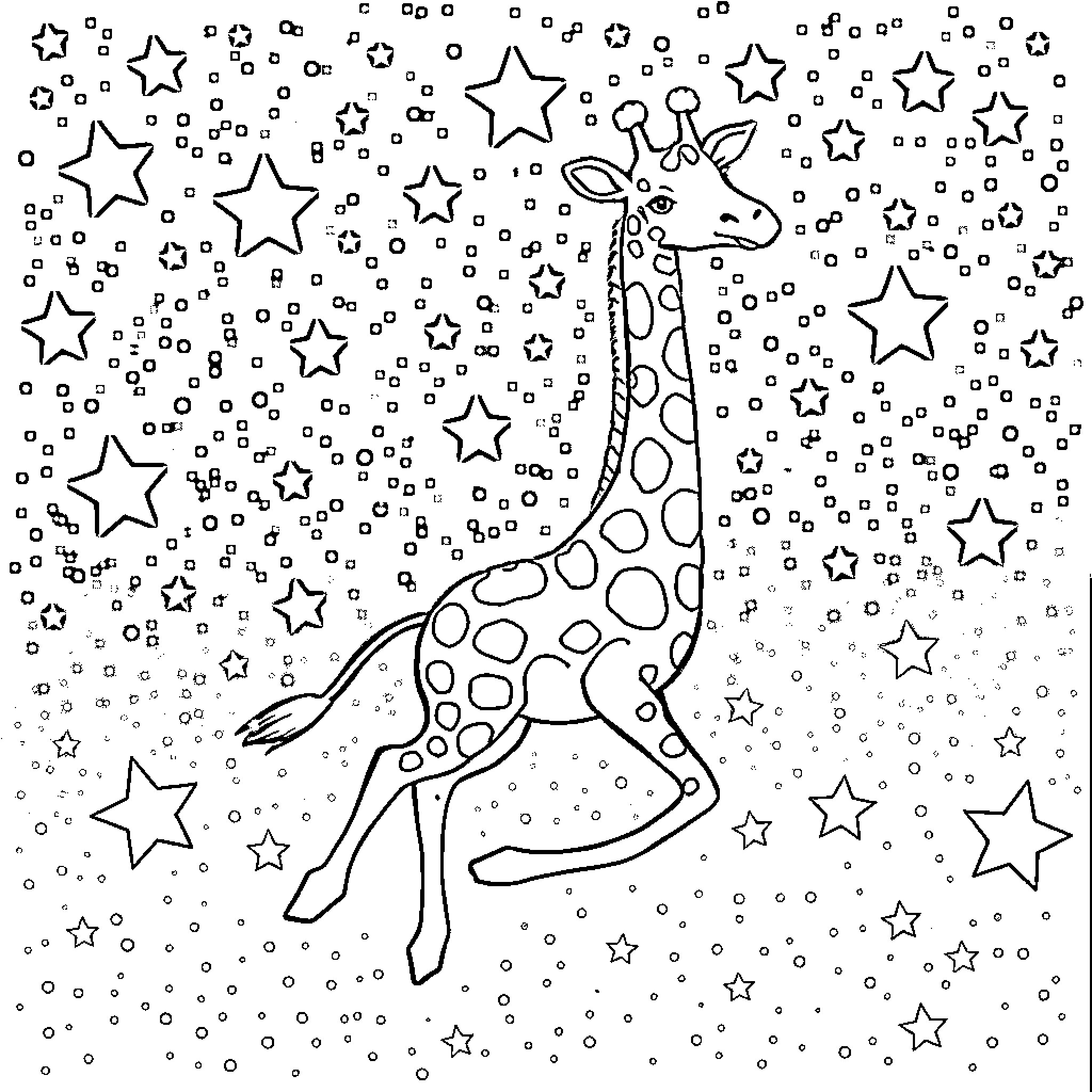 Giraffe floating among the stars Coloring Page (free black-and-white line drawing printable PDF for all, from beginners to advanced learners, including children, teens, adults, and seniors)