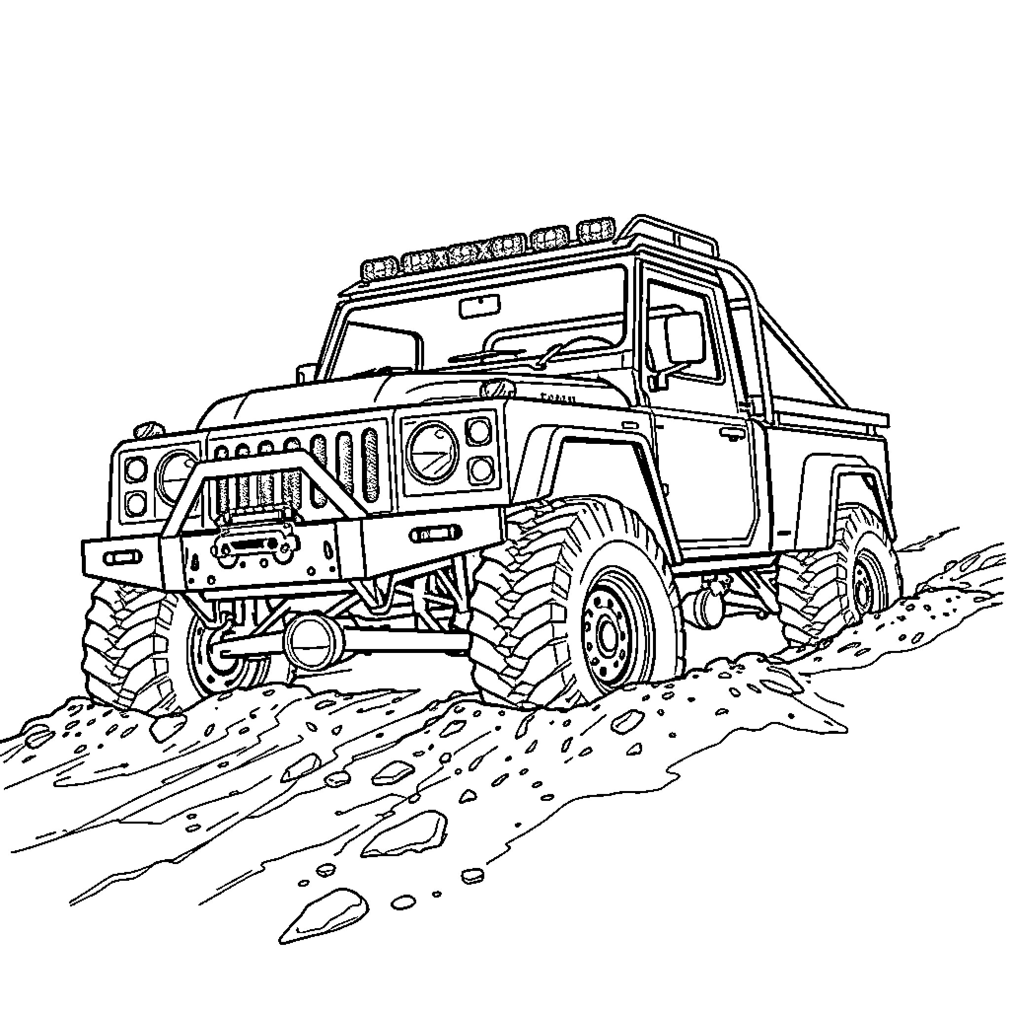 Truck traversing rugged off-road terrain Coloring Page (free black-and-white line drawing printable PDF for all, from beginners to advanced learners, including children, teens, adults, and seniors)