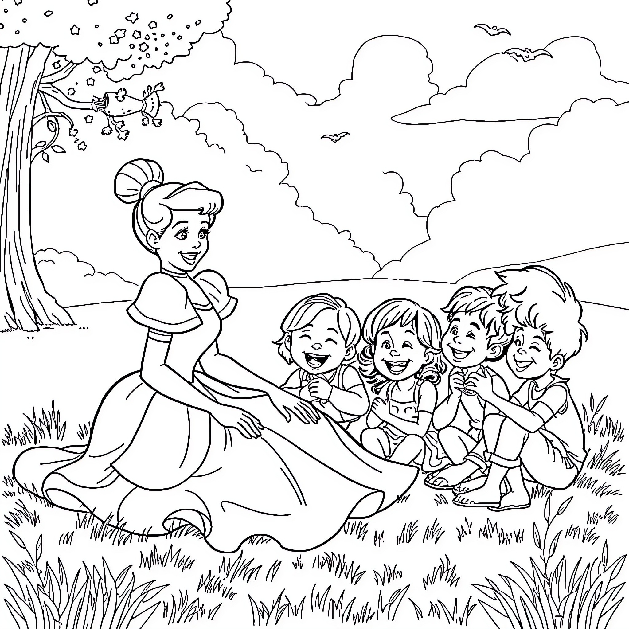Cinderella enjoying a joyful outing with her friends Coloring Page (free black-and-white line drawing printable PDF for all, from beginners to advanced learners, including children, teens, adults, and seniors)