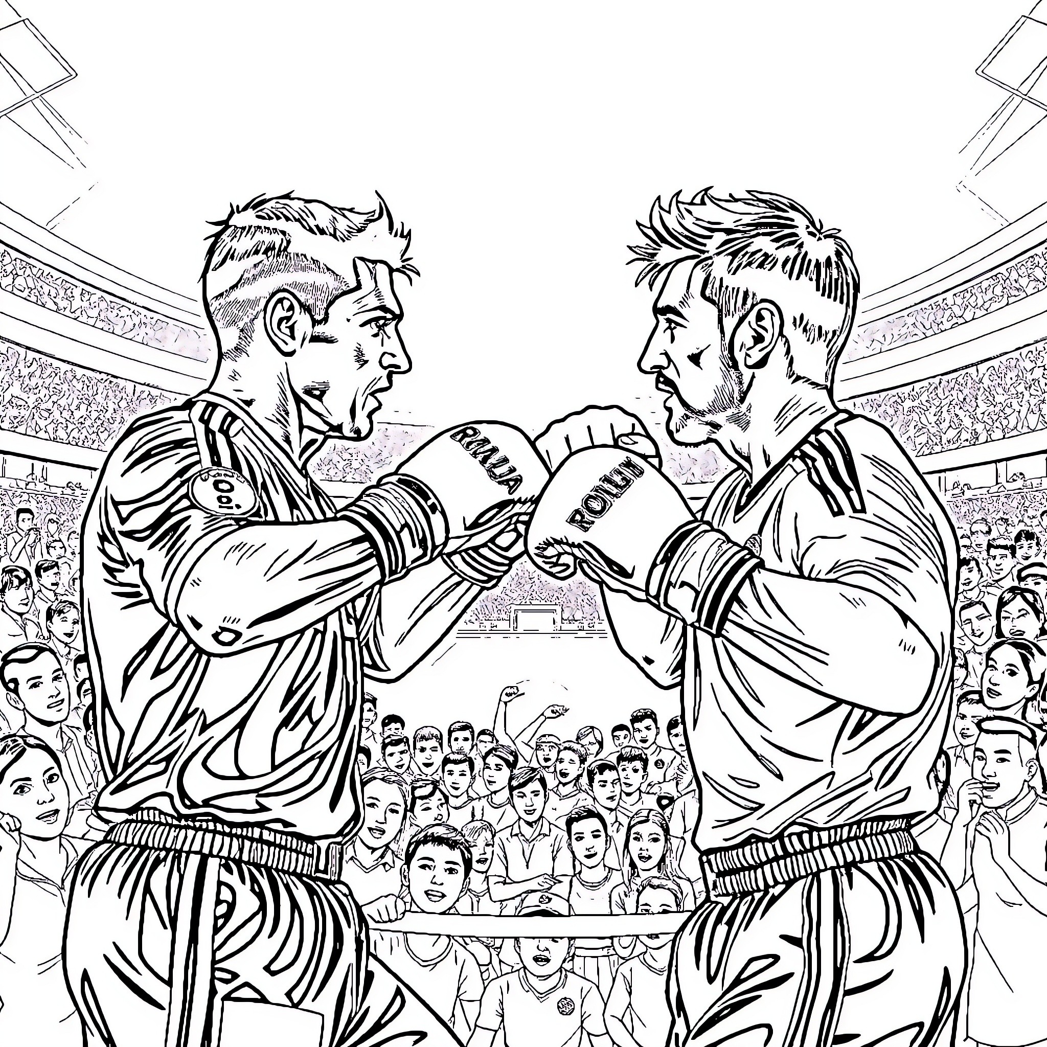 Ronaldo Athletes in a Heated Boxing Match Coloring Page (free black-and-white line drawing printable PDF for all, from beginners to advanced learners, including children, teens, adults, and seniors)