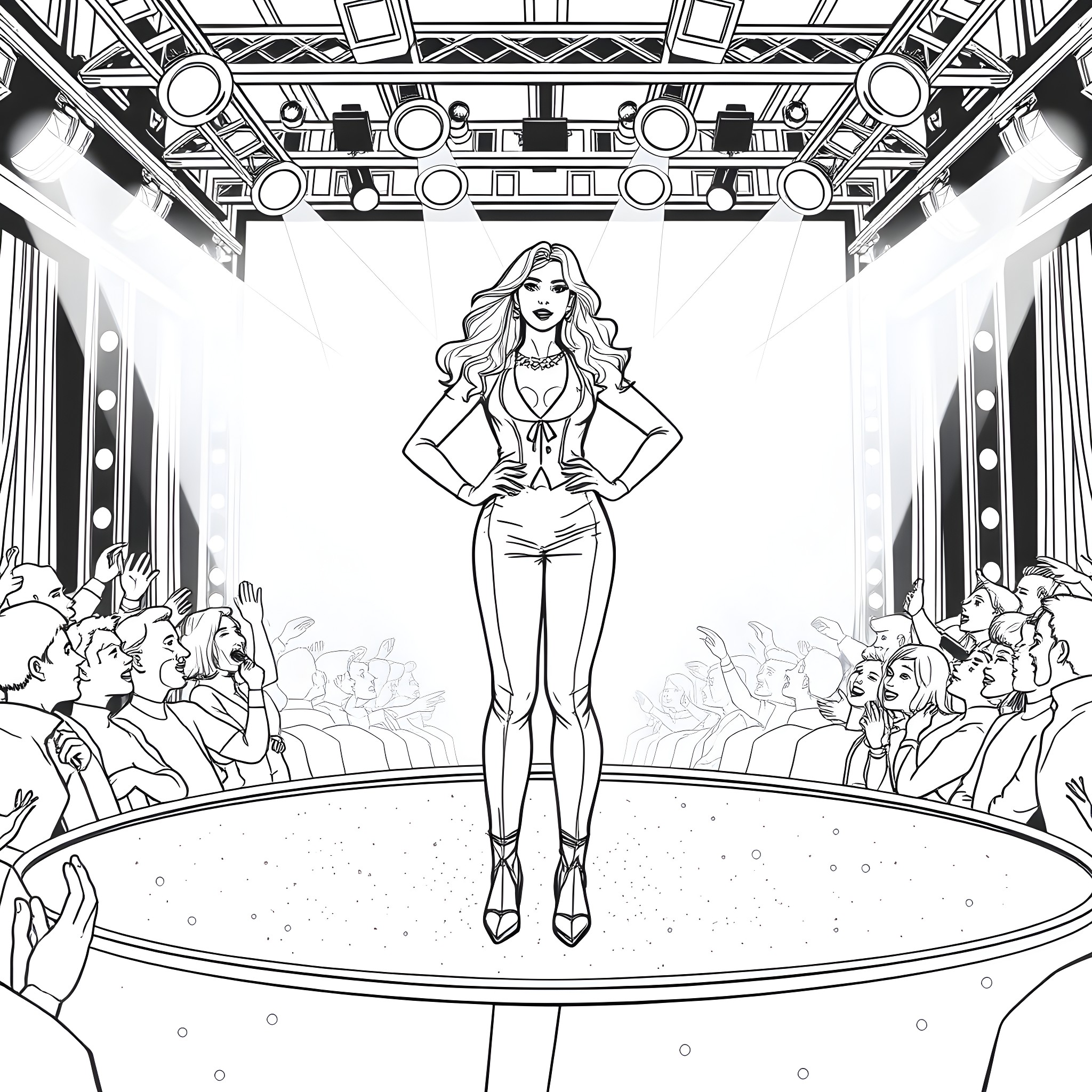 Angela White on stage performing for an audience Coloring Page (free black-and-white line drawing printable PDF for all, from beginners to advanced learners, including children, teens, adults, and seniors)