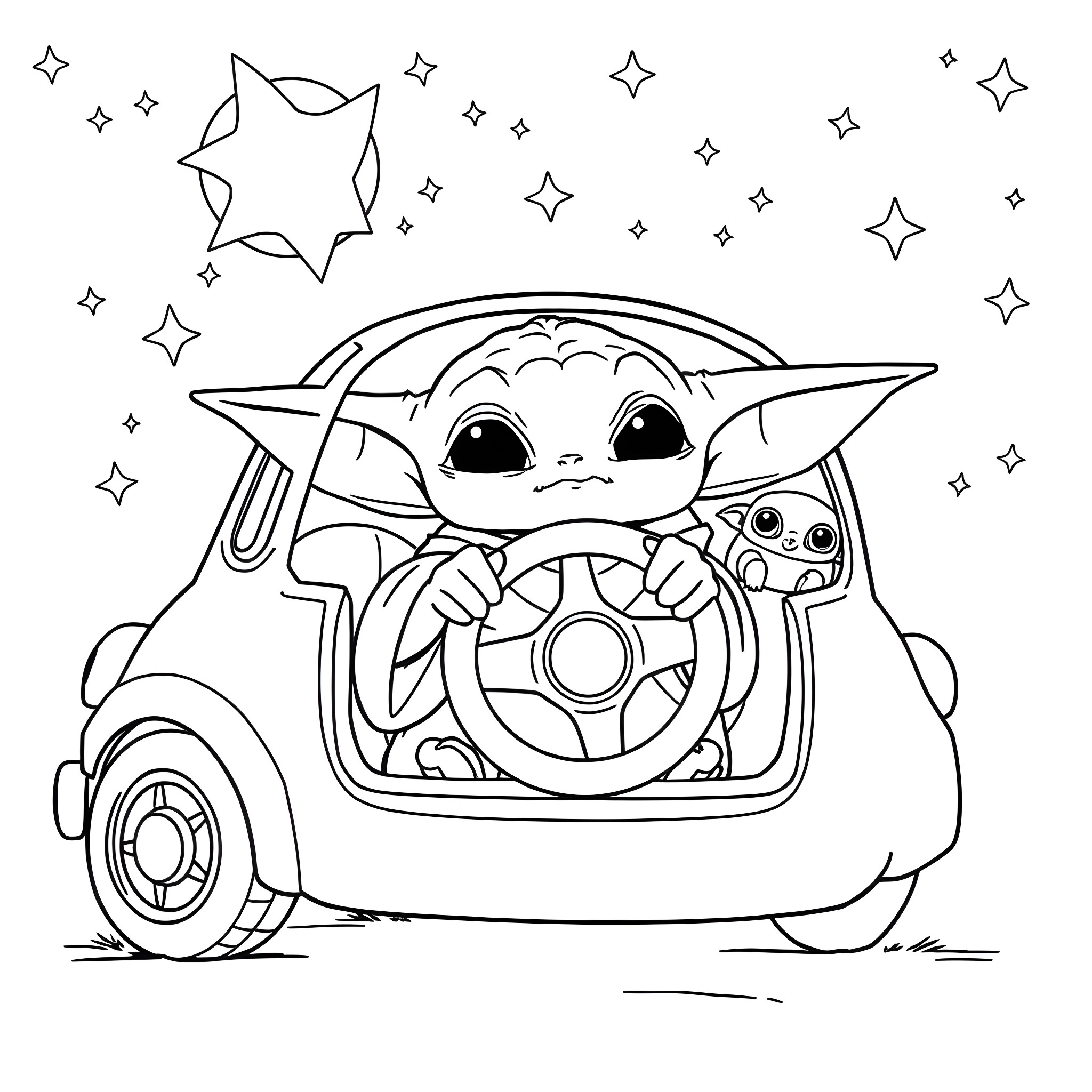 Baby Yoda driving a spaceship with stars in the background Coloring Page (free black-and-white line drawing printable PDF for all, from beginners to advanced learners, including children, teens, adults, and seniors)