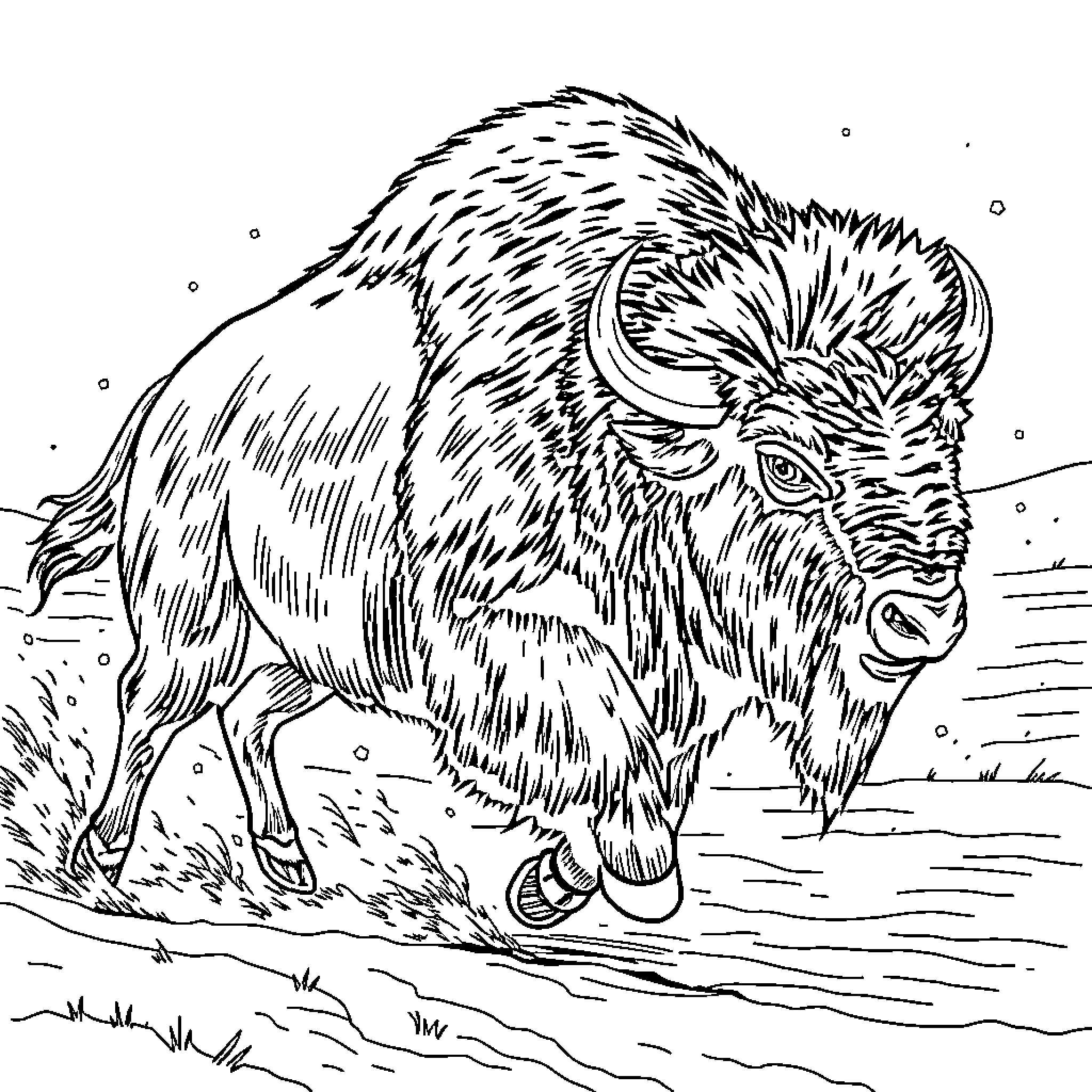 Bison in action on the snowy landscape Coloring Page (free black-and-white line drawing printable PDF for all, from beginners to advanced learners, including children, teens, adults, and seniors)