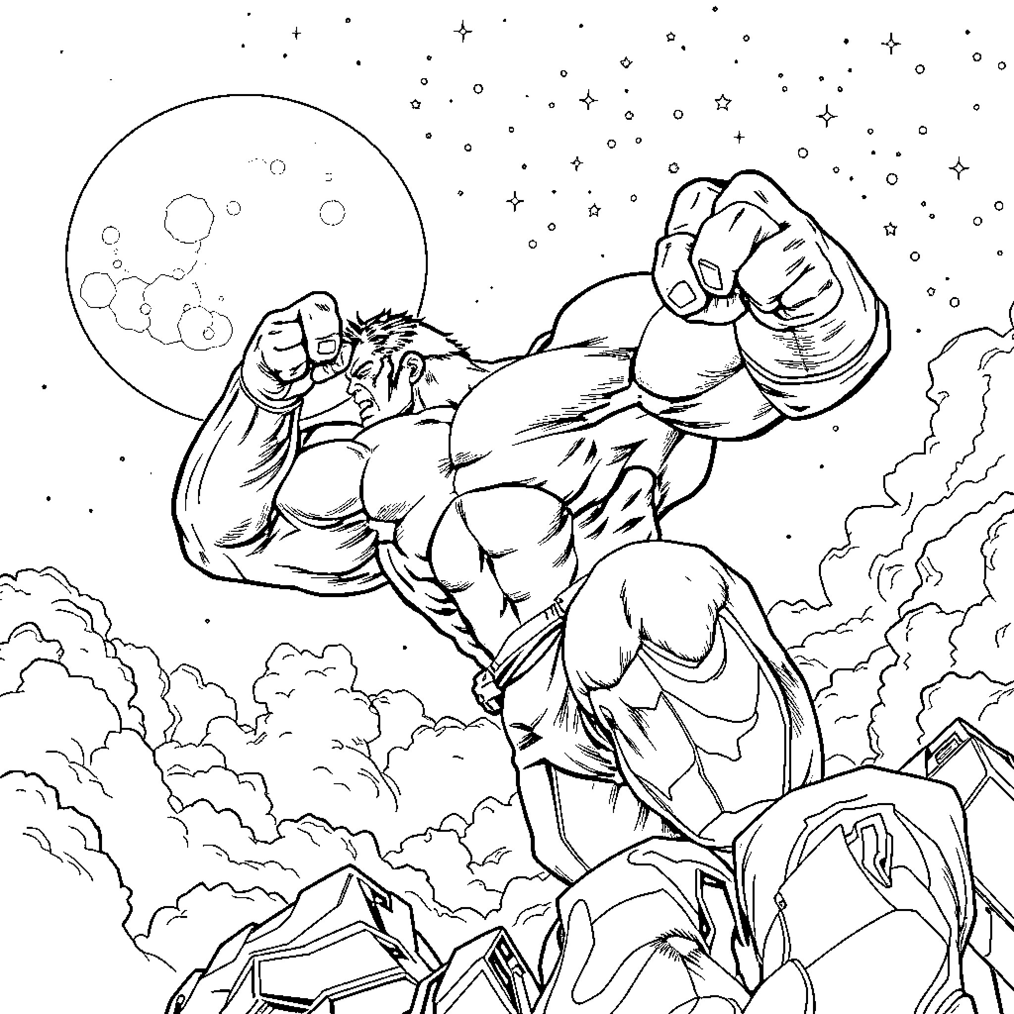 Hulk unleashing his power in the cosmic night sky Coloring Page (free black-and-white line drawing printable PDF for all, from beginners to advanced learners, including children, teens, adults, and seniors)
