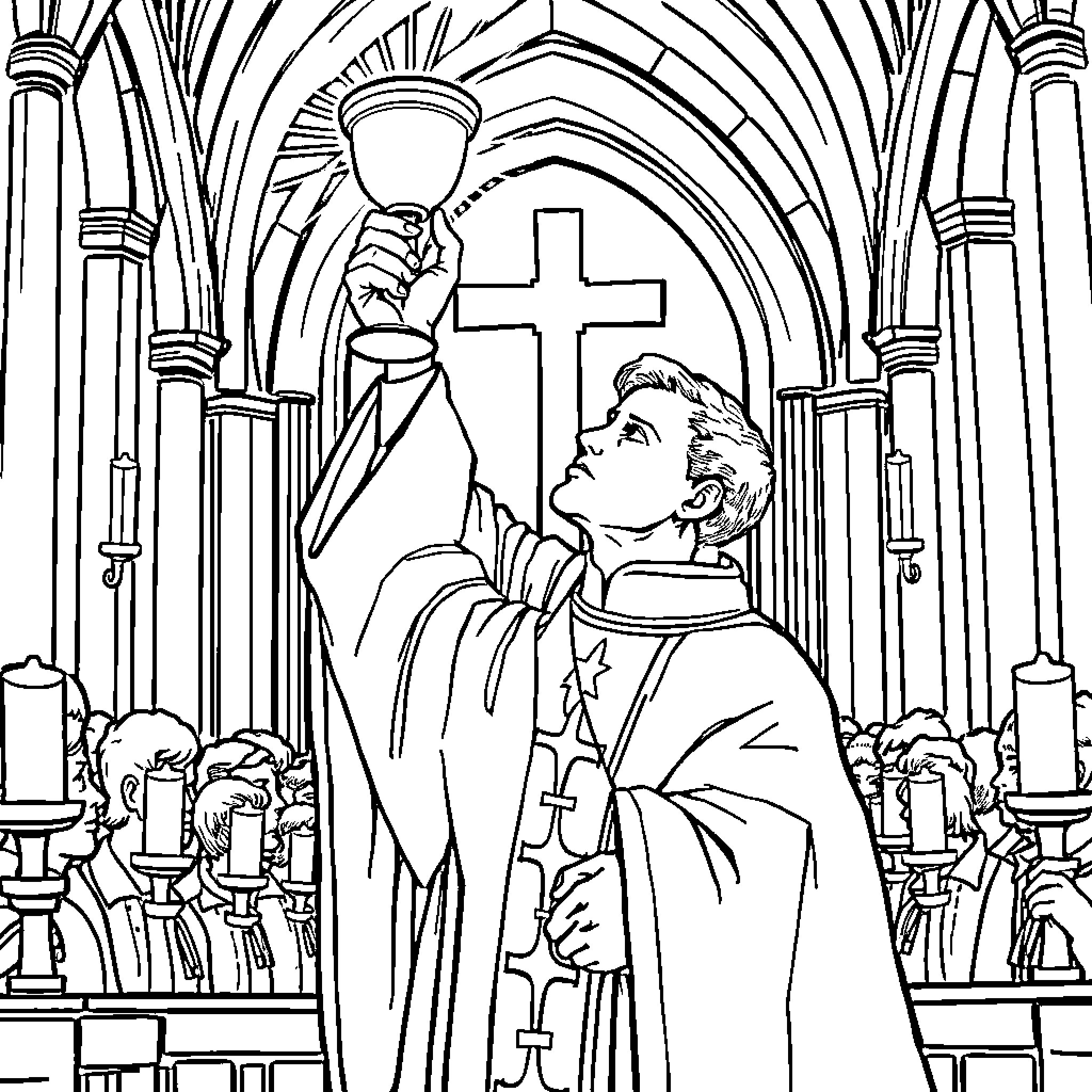 Priest performing religious ceremony in ornate church Coloring Page (free black-and-white line drawing printable PDF for all, from beginners to advanced learners, including children, teens, adults, and seniors)