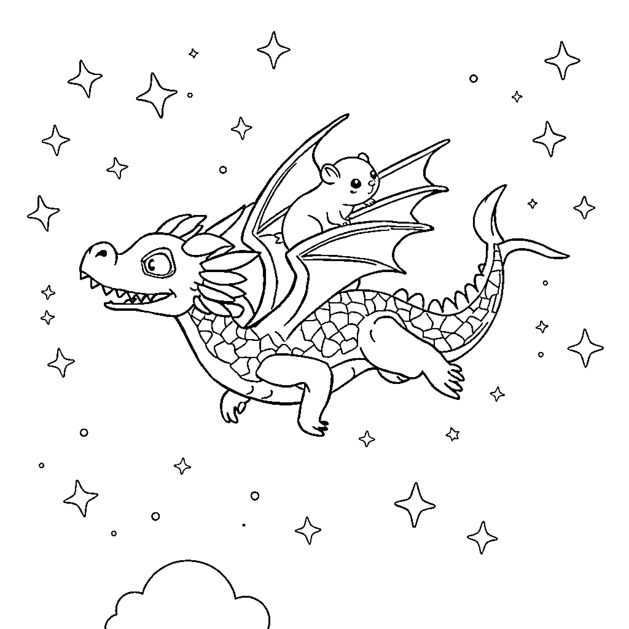 Dragon flying among the stars in the night sky Coloring Page (free black-and-white line drawing printable PDF for all, from beginners to advanced learners, including children, teens, adults, and seniors)