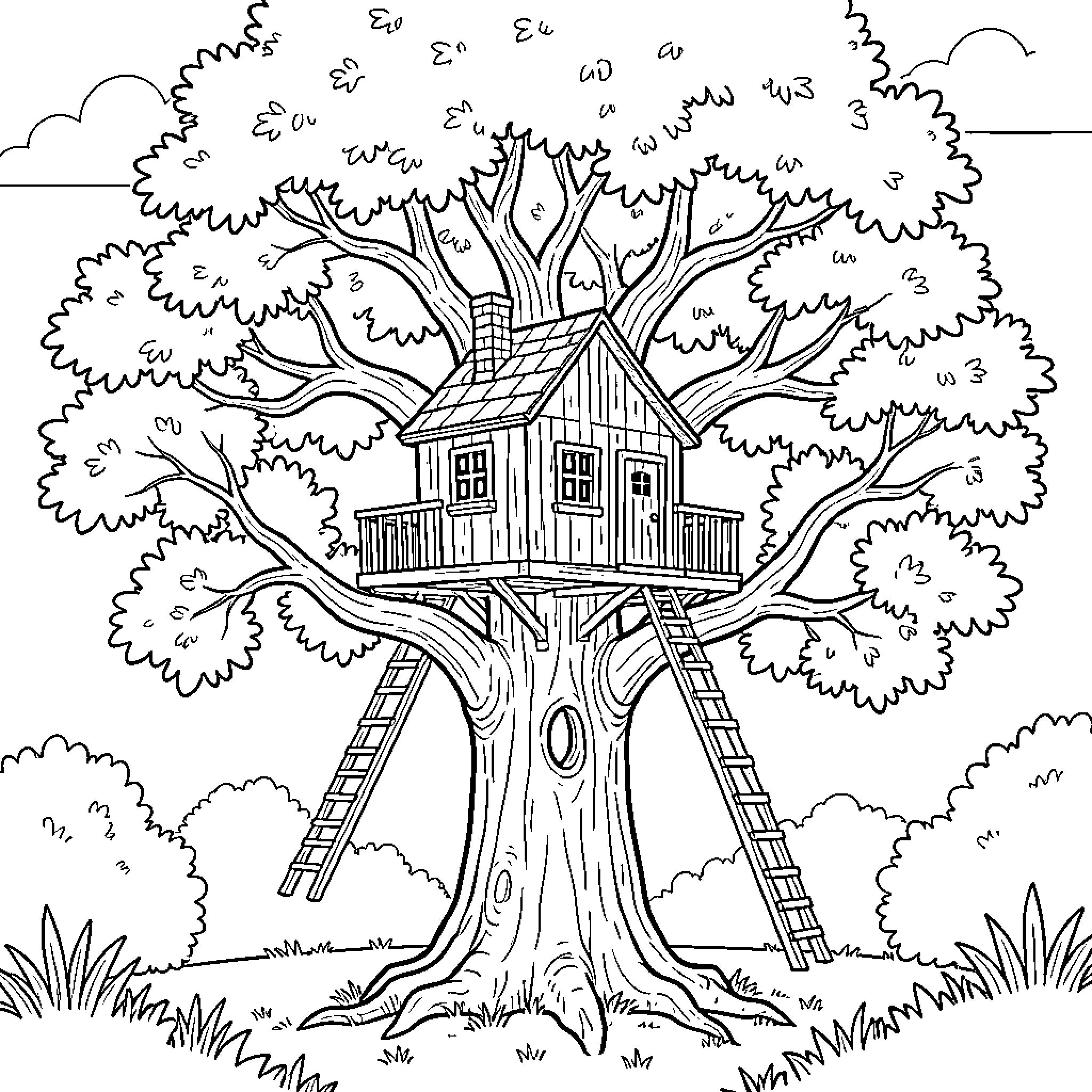 Tree House with Ladders and Greenery Coloring Page (free black-and-white line drawing printable PDF for all, from beginners to advanced learners, including children, teens, adults, and seniors)
