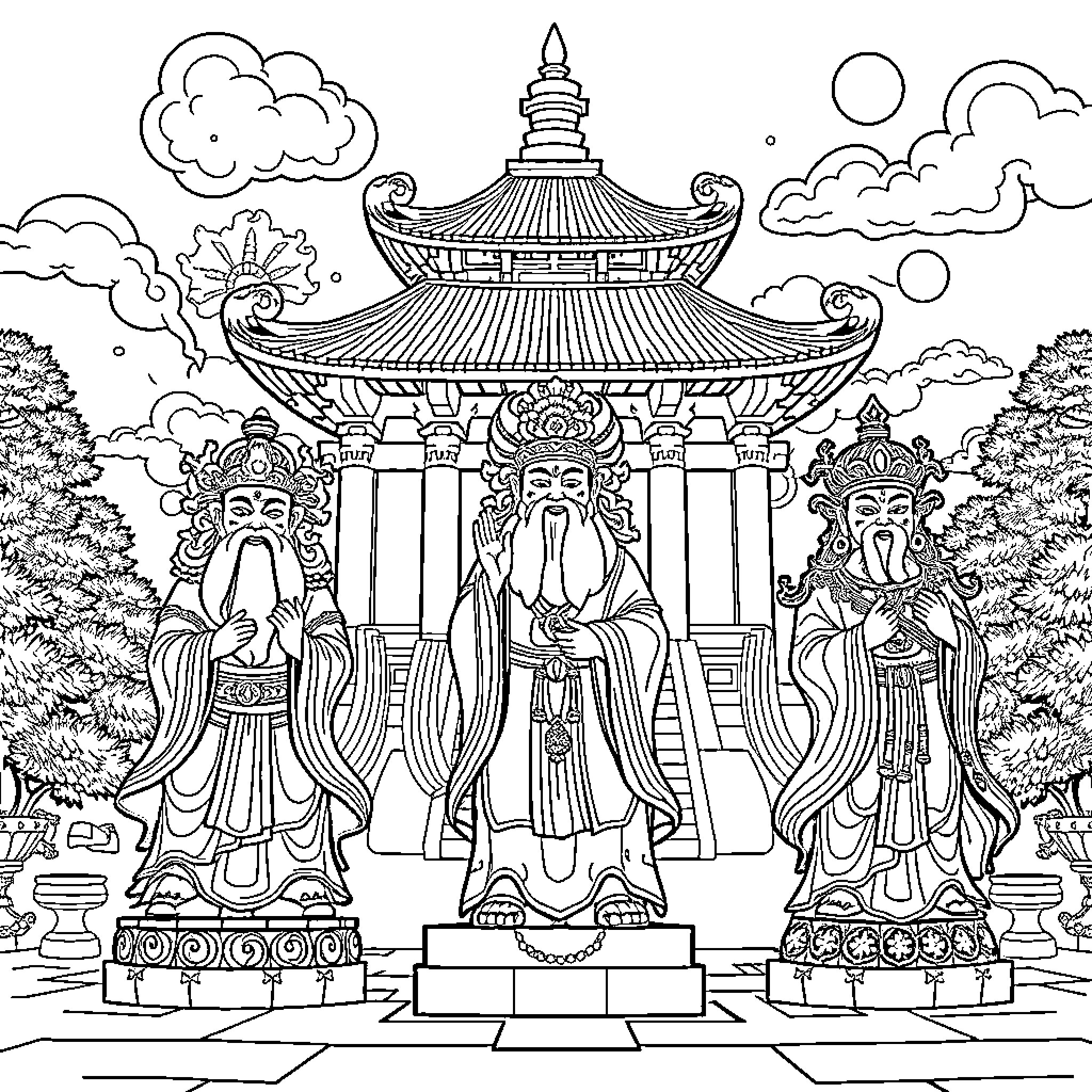 Hinfu God's Ritual Pavilion with Mystical Deities Coloring Page (free black-and-white line drawing printable PDF for all, from beginners to advanced learners, including children, teens, adults, and seniors)