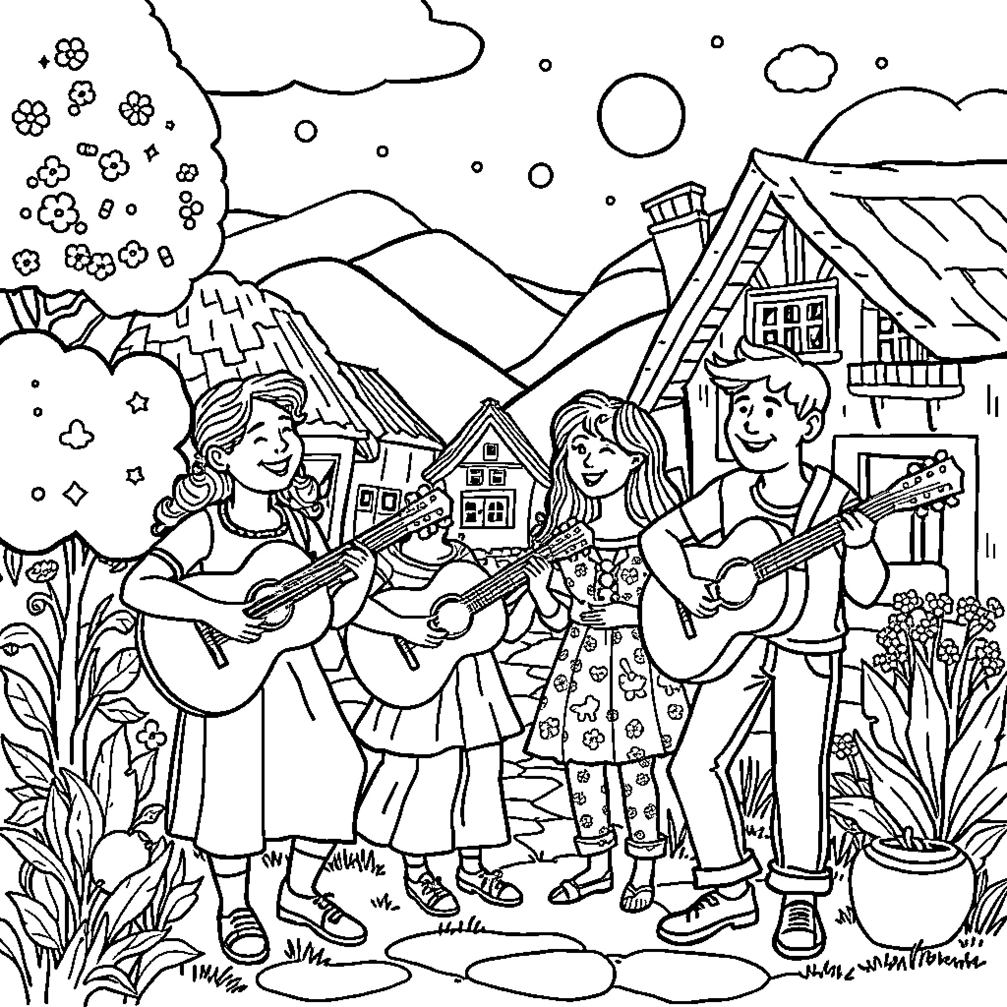 Strum in the countryside with friends Coloring Page (free black-and-white line drawing printable PDF for all, from beginners to advanced learners, including children, teens, adults, and seniors)