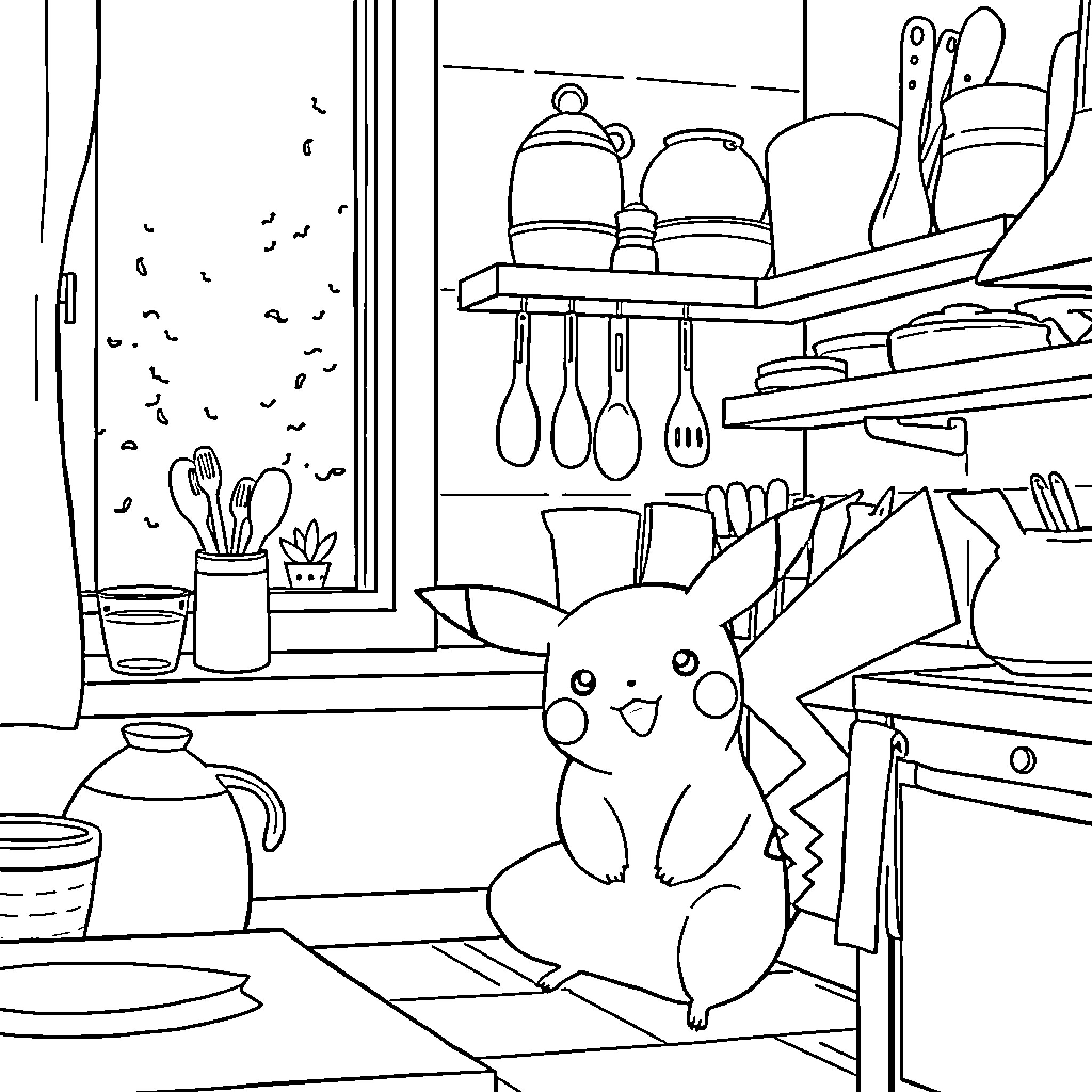 Pikachu exploring a cozy kitchen Coloring Page (free black-and-white line drawing printable PDF for all, from beginners to advanced learners, including children, teens, adults, and seniors)