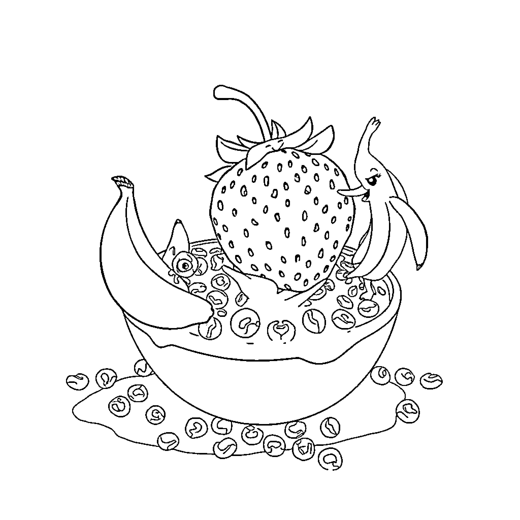 Fraise's Fruity Feast Coloring Page (free black-and-white line drawing printable PDF for all, from beginners to advanced learners, including children, teens, adults, and seniors)