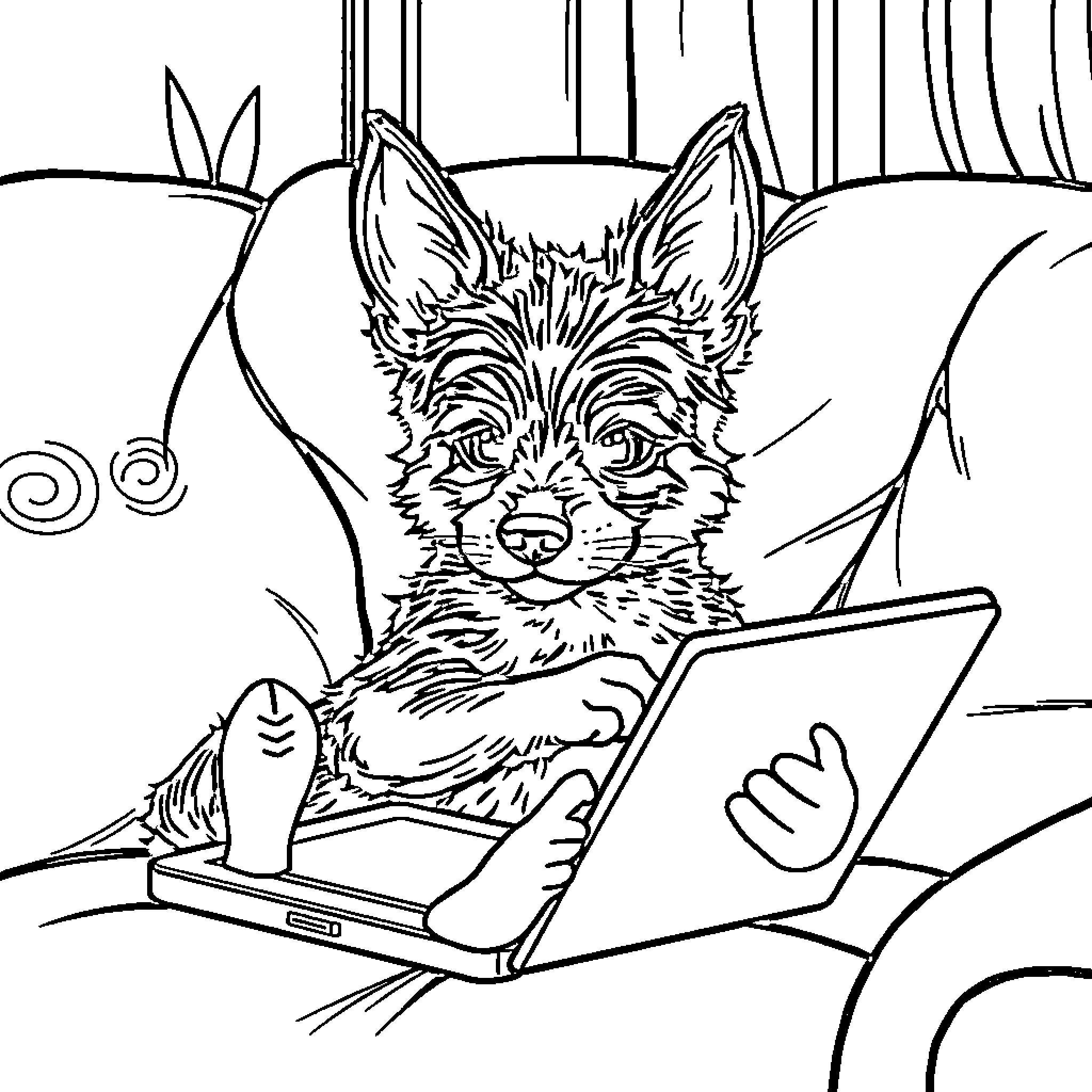 Dog using laptop in the woods Coloring Page (free black-and-white line drawing printable PDF for all, from beginners to advanced learners, including children, teens, adults, and seniors)