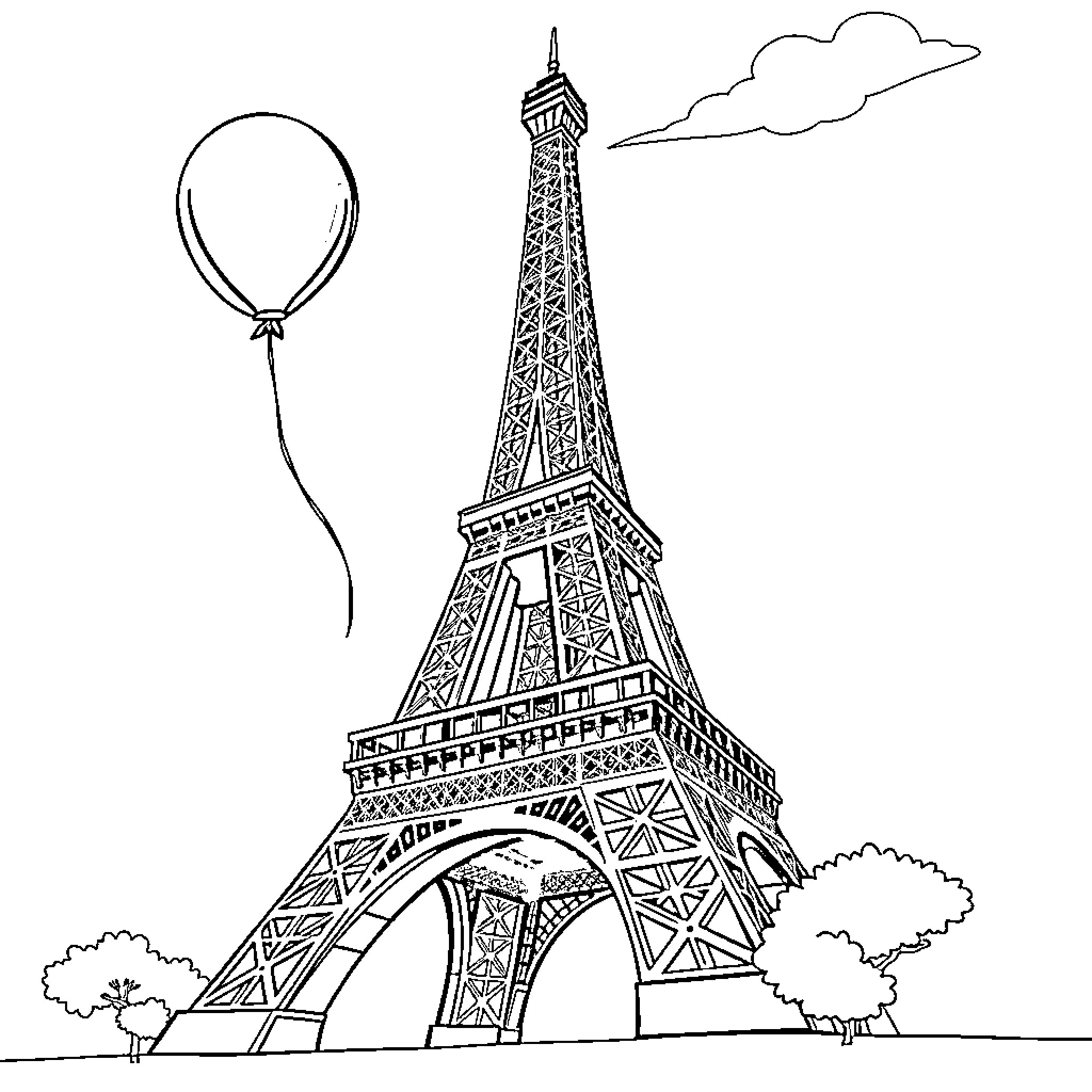 Eiffel Tower with floating balloon Coloring Page (free black-and-white line drawing printable PDF for all, from beginners to advanced learners, including children, teens, adults, and seniors)