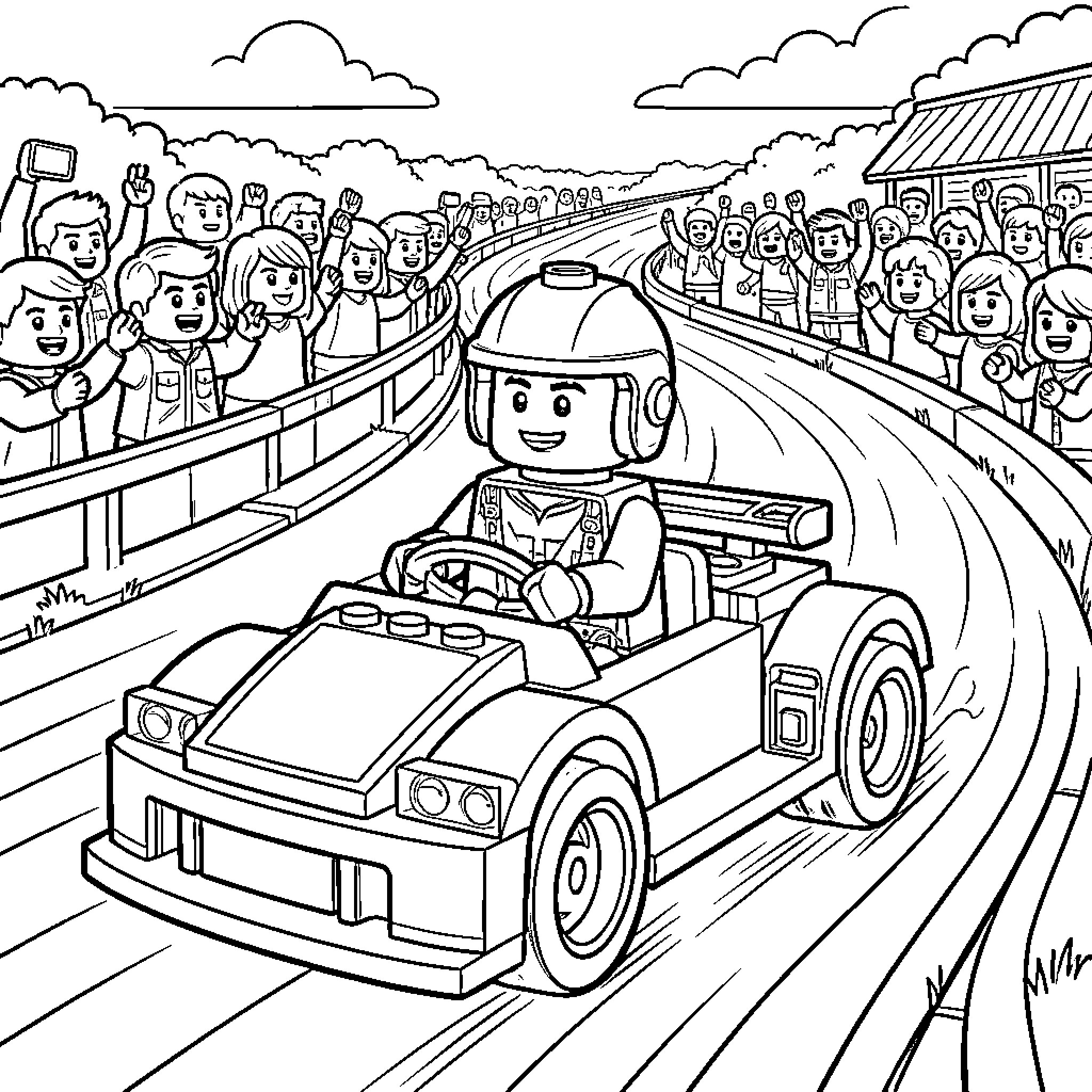 Lego Guy racing his car with spectators Coloring Page (free black-and-white line drawing printable PDF for all, from beginners to advanced learners, including children, teens, adults, and seniors)