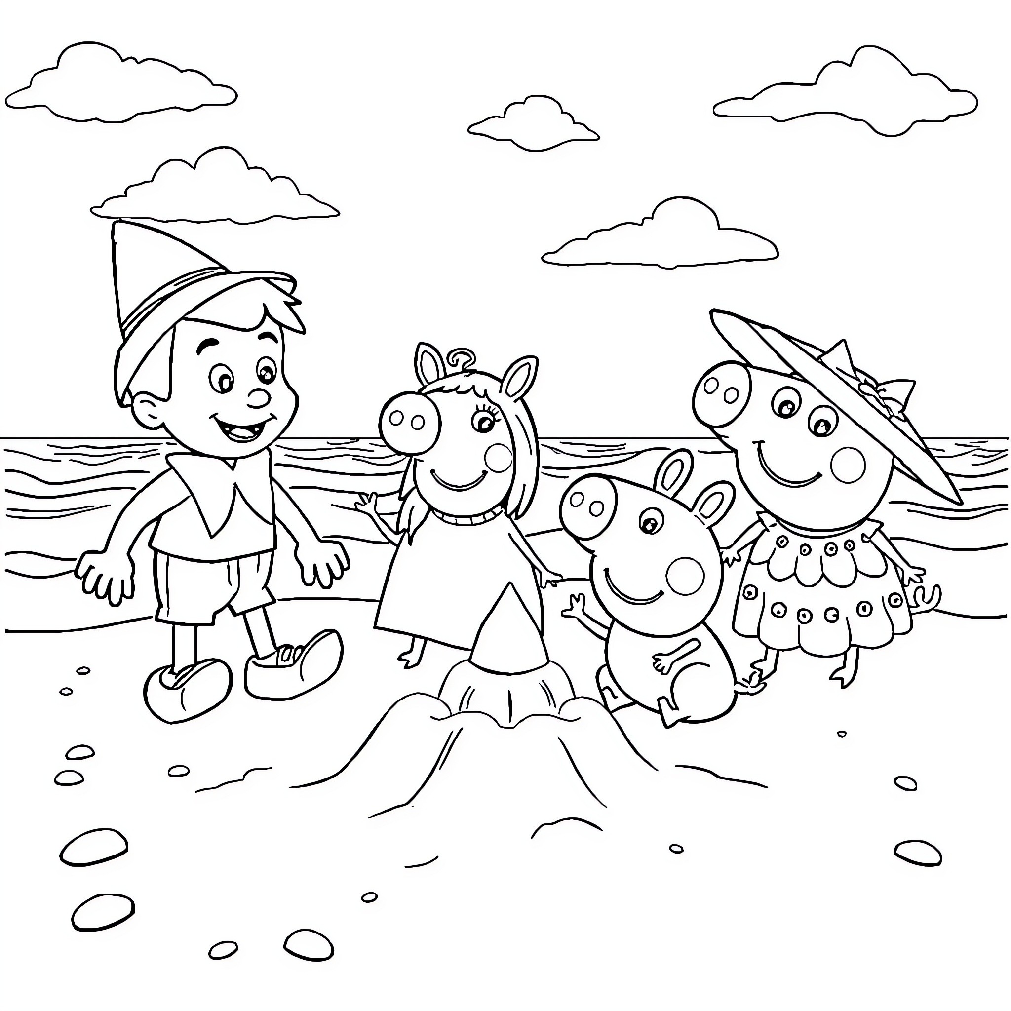 Character family playing on the beach Coloring Page (free black-and-white line drawing printable PDF for all, from beginners to advanced learners, including children, teens, adults, and seniors)