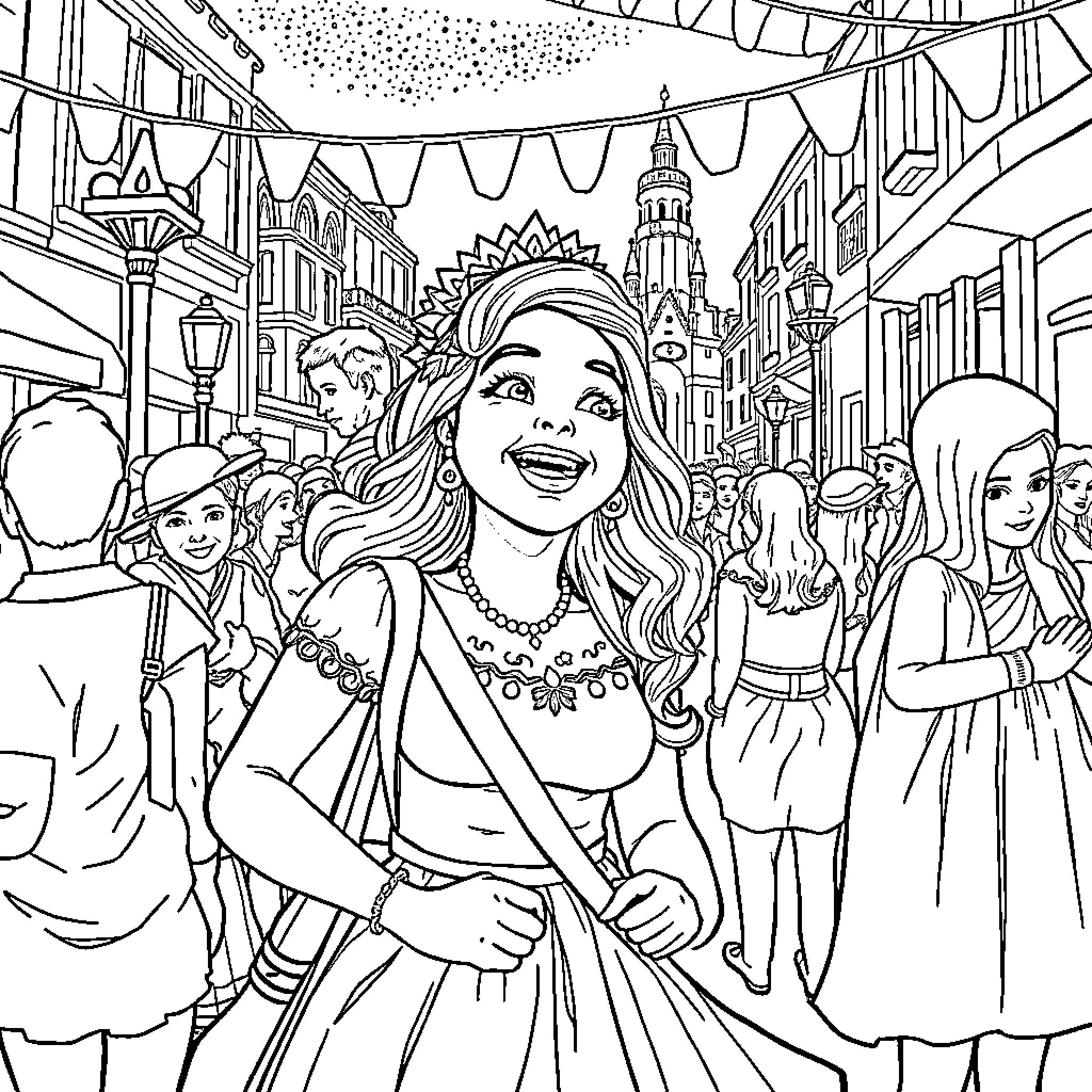 Elsa's Joyful Celebration in the City Coloring Page (free black-and-white line drawing printable PDF for all, from beginners to advanced learners, including children, teens, adults, and seniors)