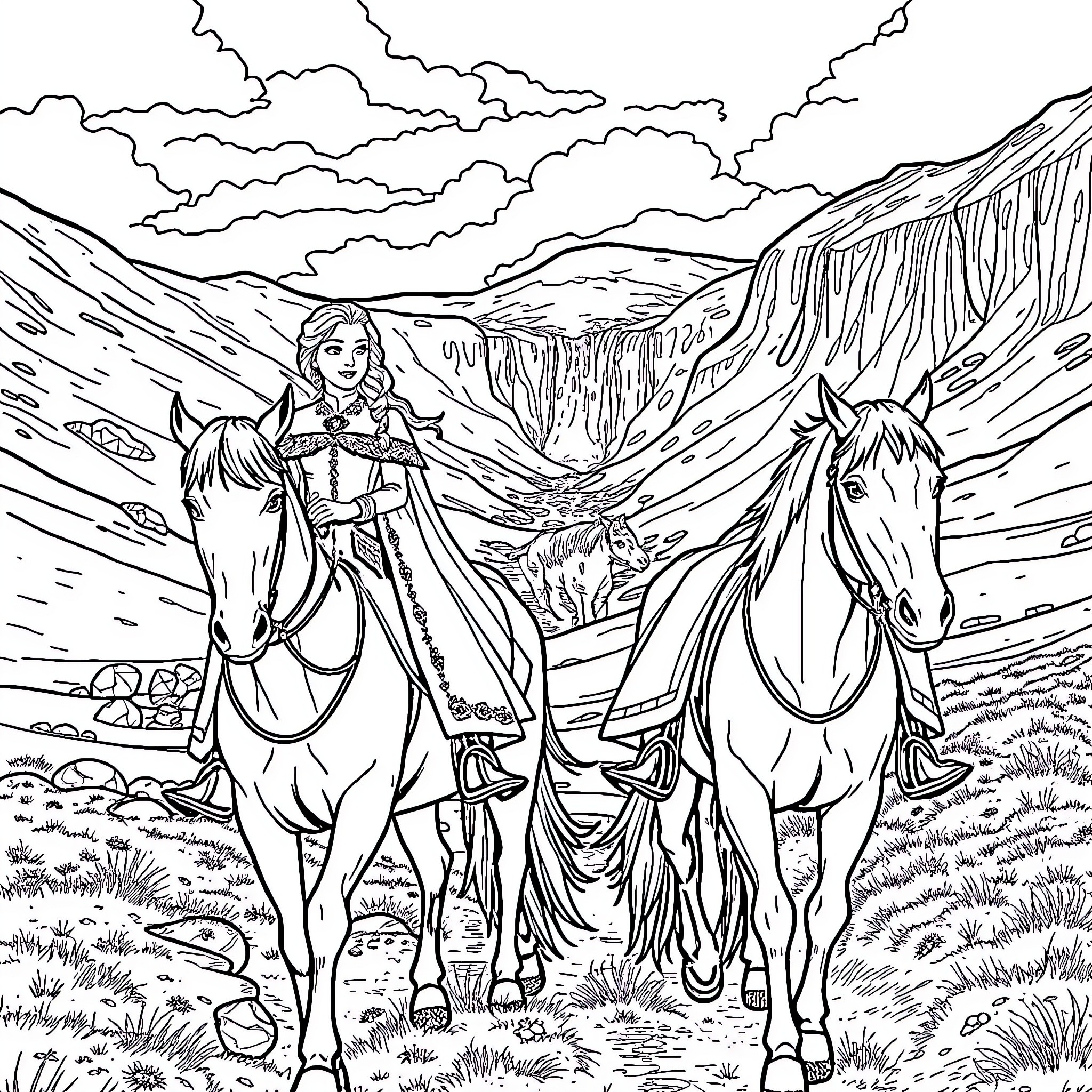 Elsa's Enchanting Journey with Horses in the Mountains Coloring Page (free black-and-white line drawing printable PDF for all, from beginners to advanced learners, including children, teens, adults, and seniors)