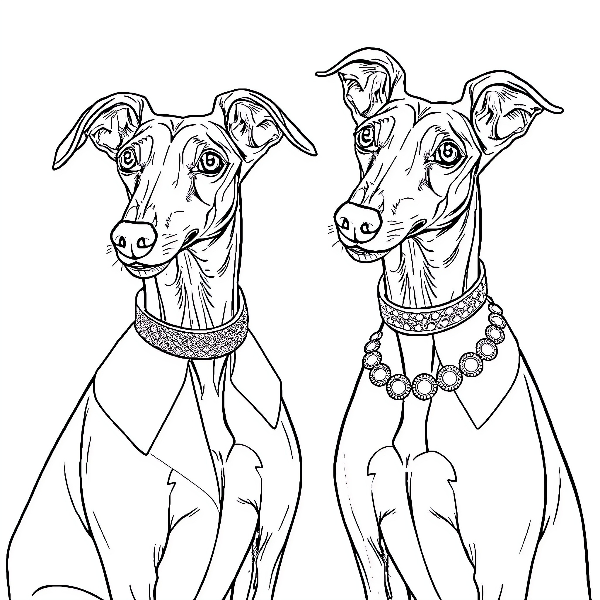 Greyhounds in stylish outfits and accessories Coloring Page (free black-and-white line drawing printable PDF for all, from beginners to advanced learners, including children, teens, adults, and seniors)