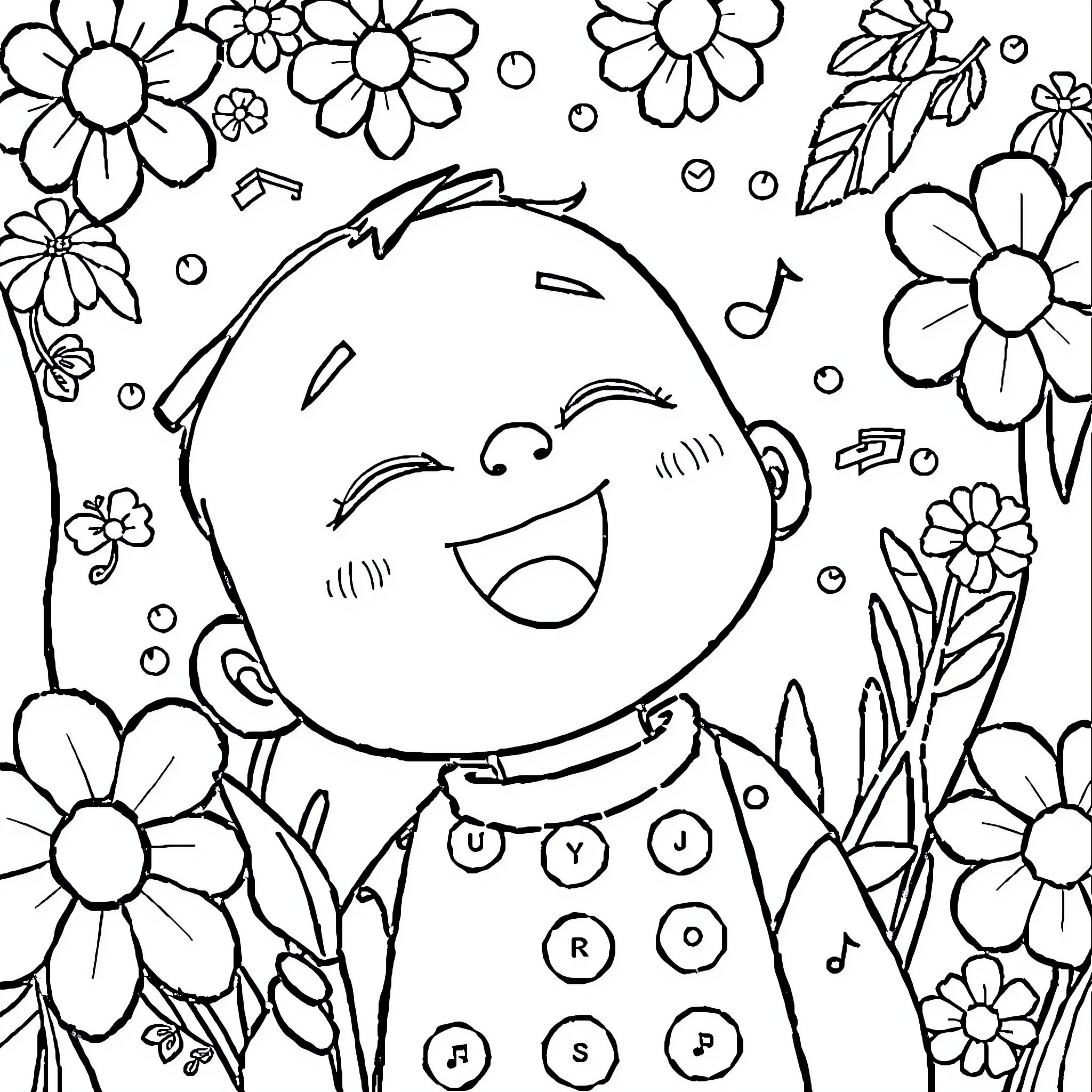 Tralalero Joyful Lil' One Surrounded by Cheerful Flowers Coloring Page (free black-and-white line drawing printable PDF for all, from beginners to advanced learners, including children, teens, adults, and seniors)