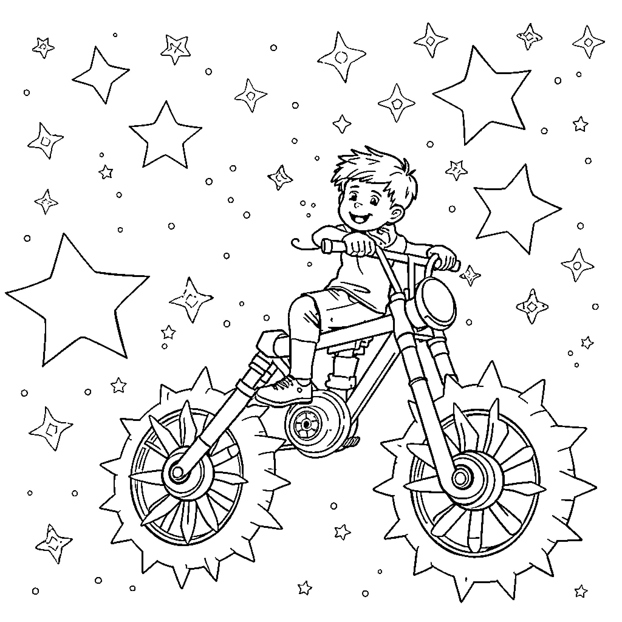 Boy riding bicycle among the stars Coloring Page (free black-and-white line drawing printable PDF for all, from beginners to advanced learners, including children, teens, adults, and seniors)
