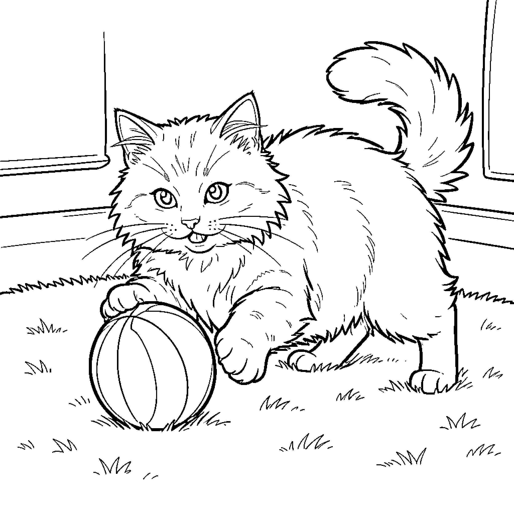 Cat playing with a ball in a room Coloring Page (free black-and-white line drawing printable PDF for all, from beginners to advanced learners, including children, teens, adults, and seniors)