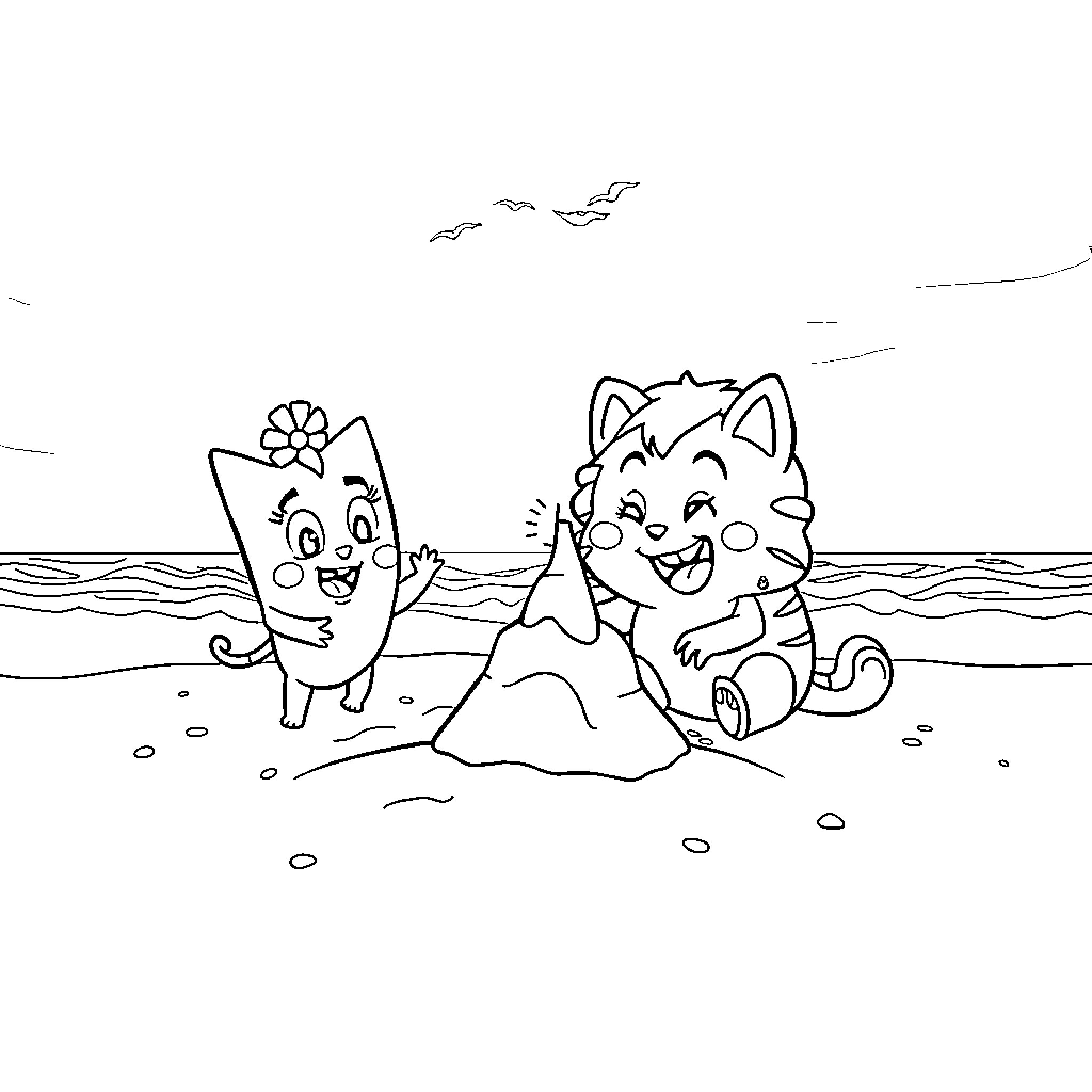 Pinkfong characters playing on the beach Coloring Page (free black-and-white line drawing printable PDF for all, from beginners to advanced learners, including children, teens, adults, and seniors)