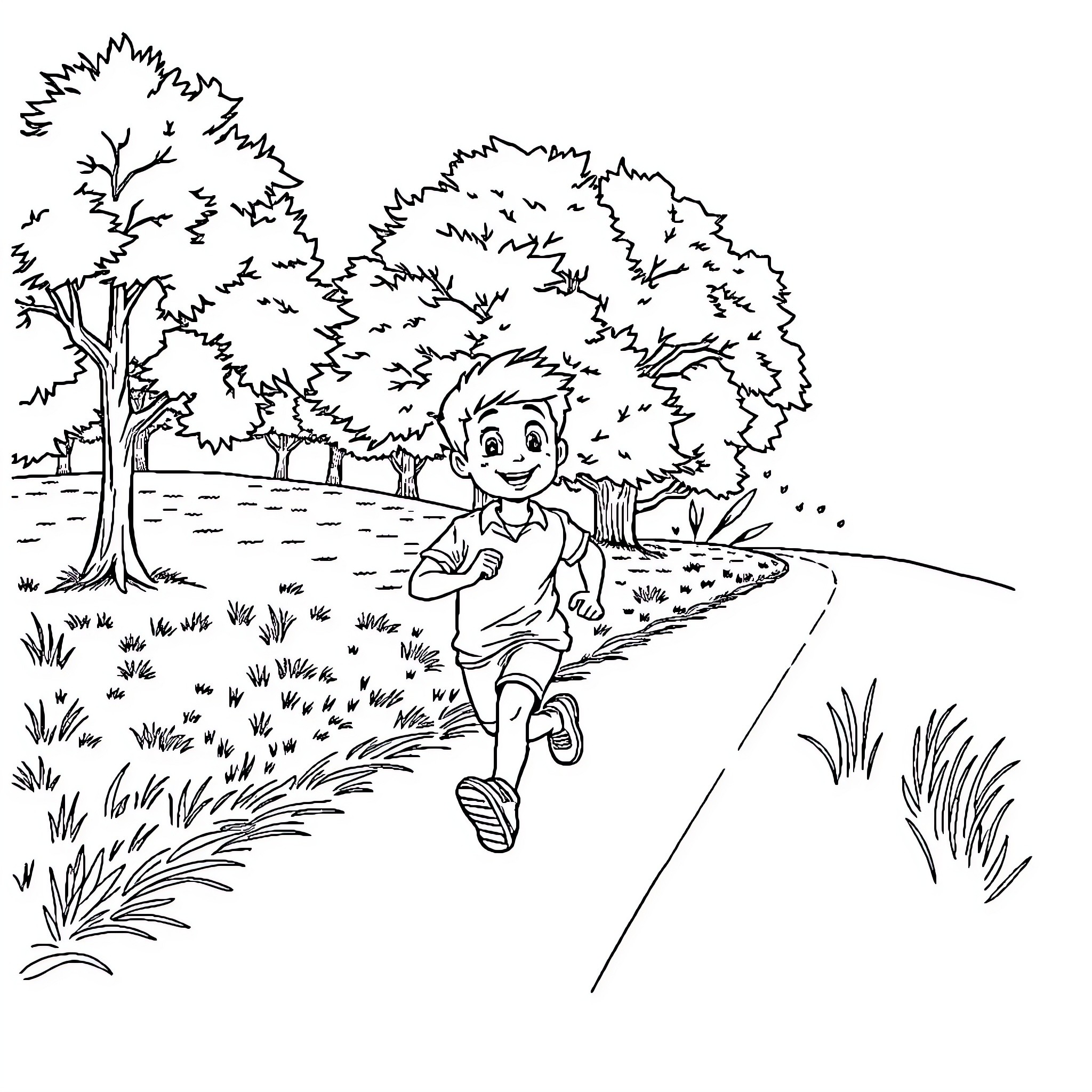 Boy exploring nature on a path through the woods Coloring Page (free black-and-white line drawing printable PDF for all, from beginners to advanced learners, including children, teens, adults, and seniors)