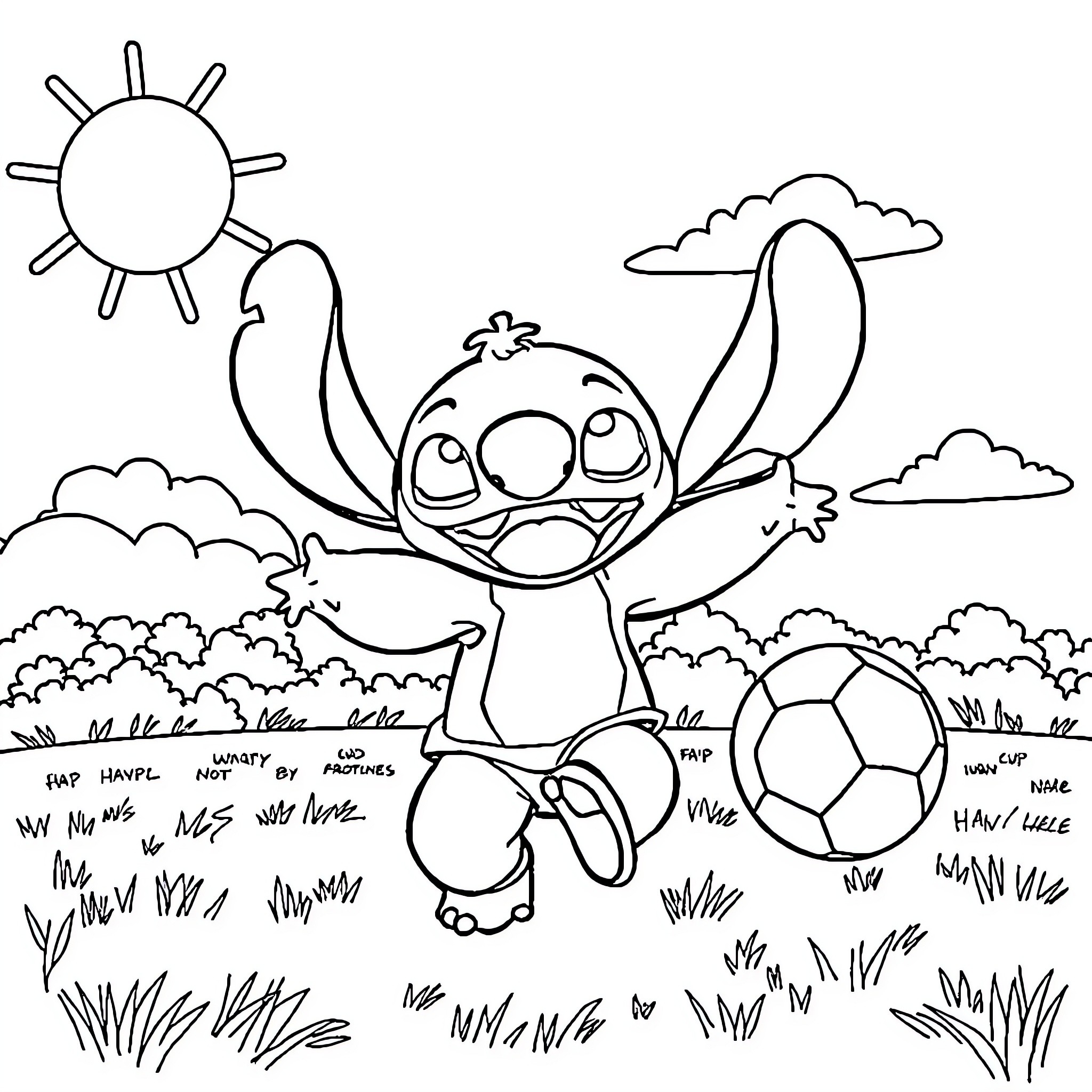 Stitch jumping joyfully in a grassy field Coloring Page (free black-and-white line drawing printable PDF for all, from beginners to advanced learners, including children, teens, adults, and seniors)