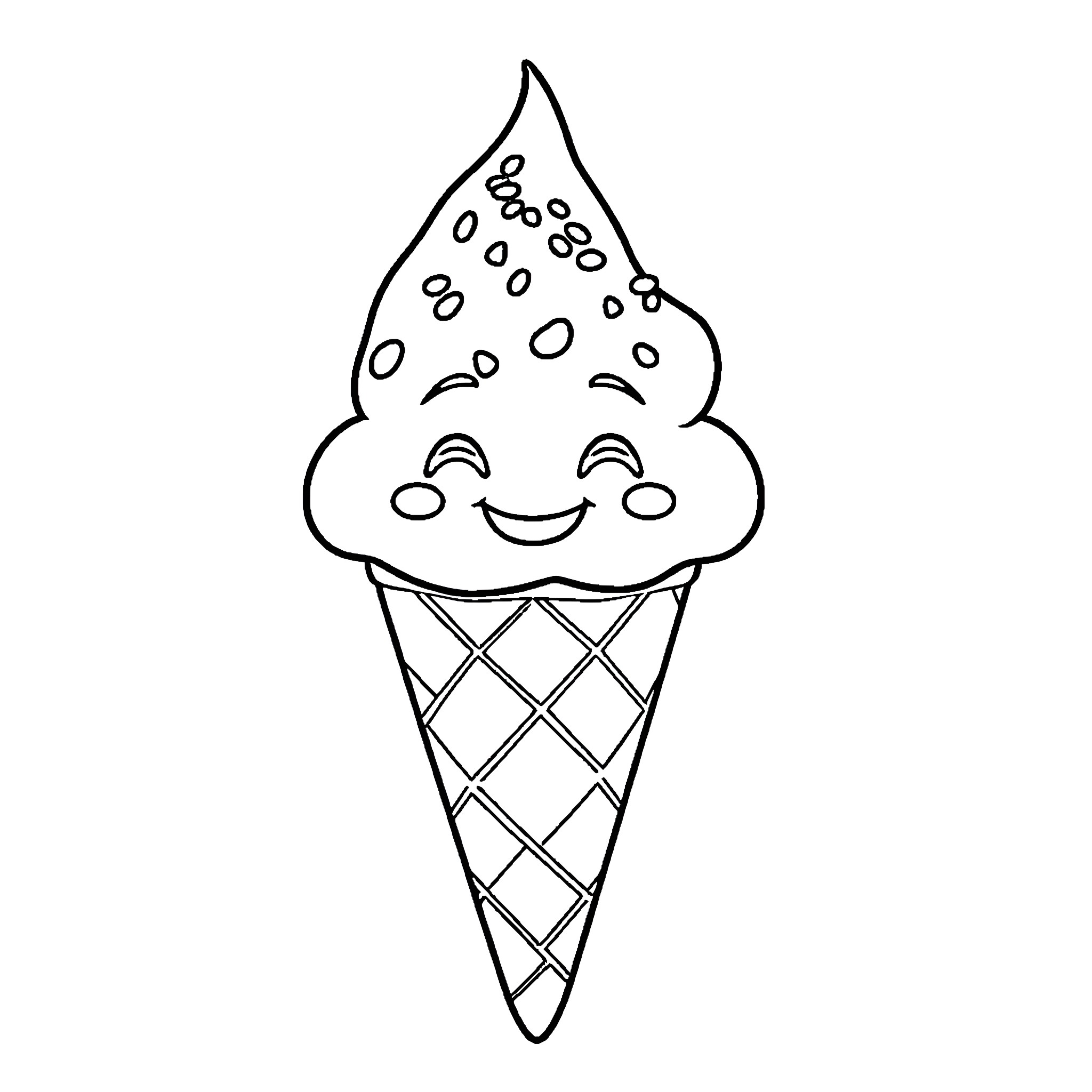 Ice Cream Cone with Smiling Expression Coloring Page (free black-and-white line drawing printable PDF for all, from beginners to advanced learners, including children, teens, adults, and seniors)