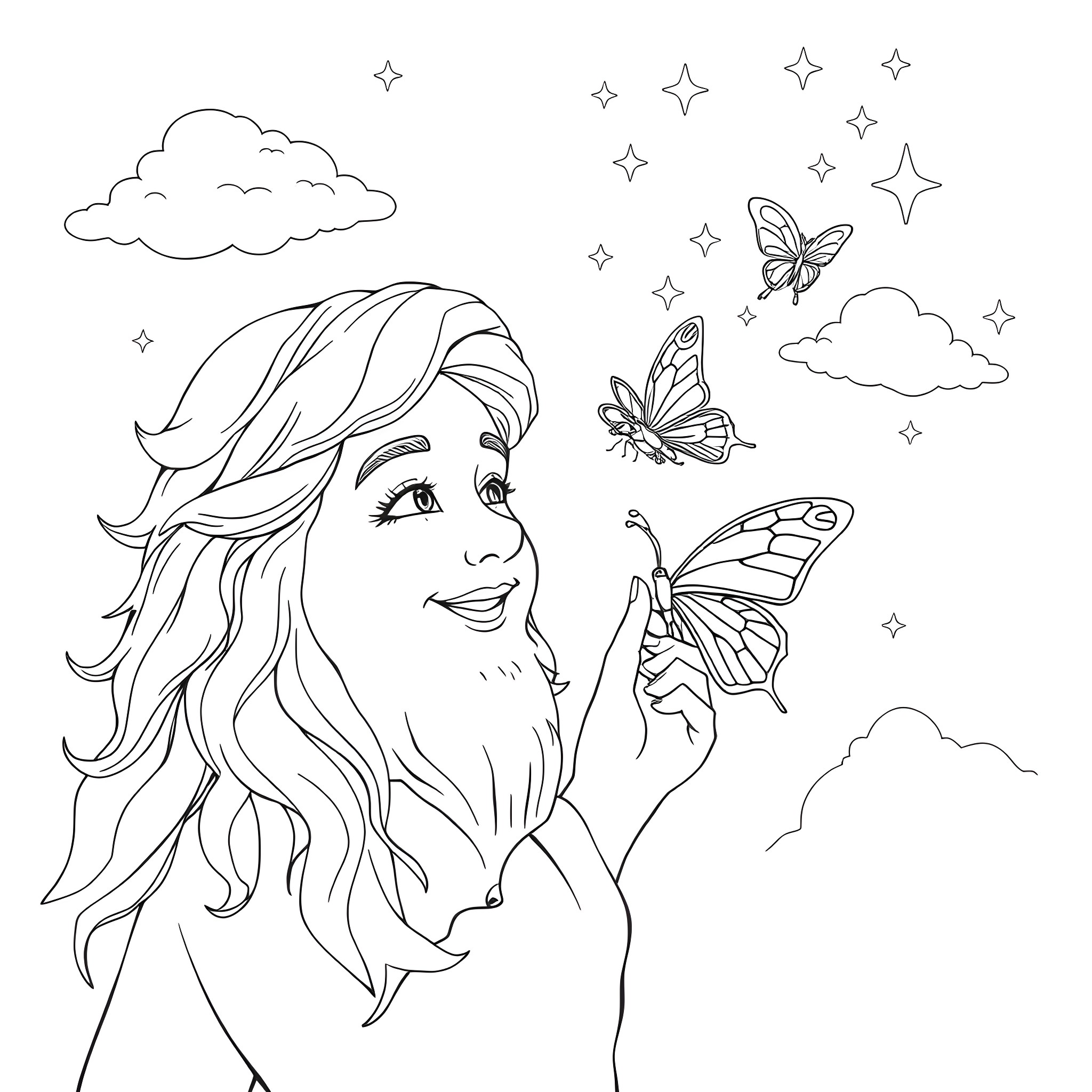 Great Spirit Interacting Joyfully with Butterflies in the Sky Coloring Page (free black-and-white line drawing printable PDF for all, from beginners to advanced learners, including children, teens, adults, and seniors)