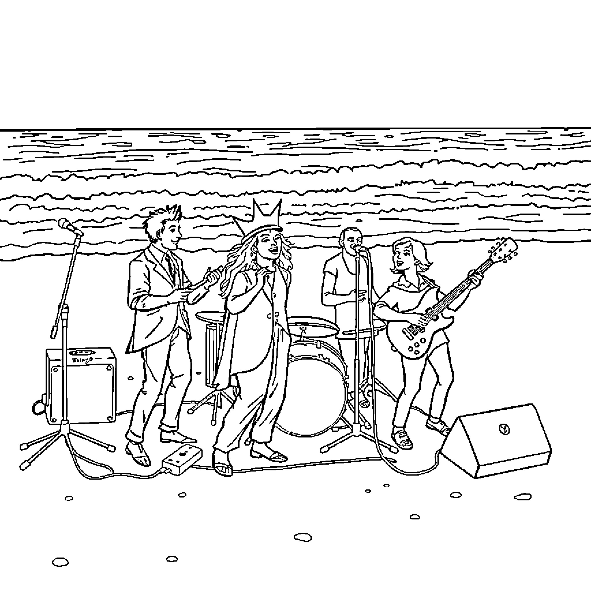 King and His Band Performing on the Beach Coloring Page (free black-and-white line drawing printable PDF for all, from beginners to advanced learners, including children, teens, adults, and seniors)