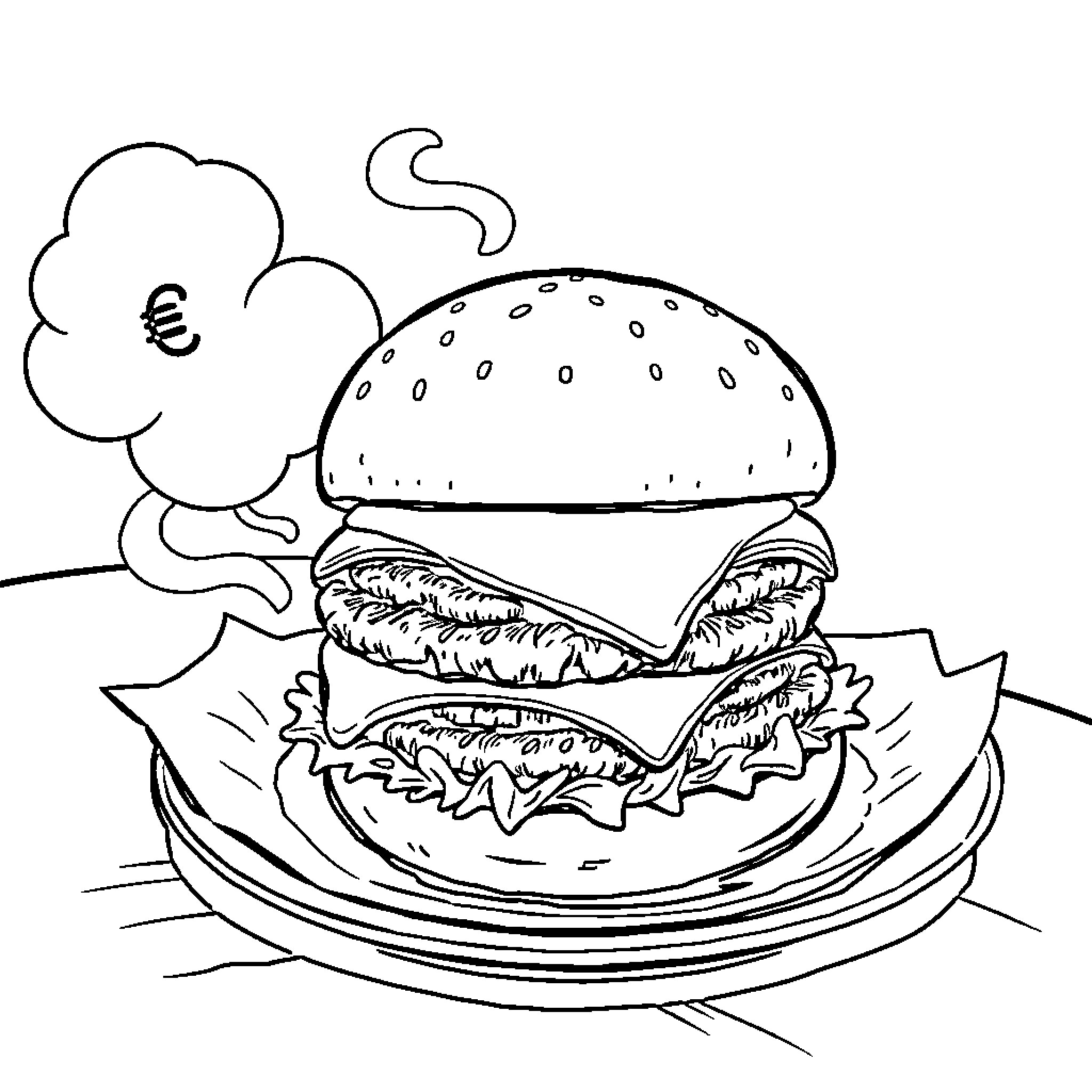 Cheeseburger with Euro symbol and smoke Coloring Page (free black-and-white line drawing printable PDF for all, from beginners to advanced learners, including children, teens, adults, and seniors)