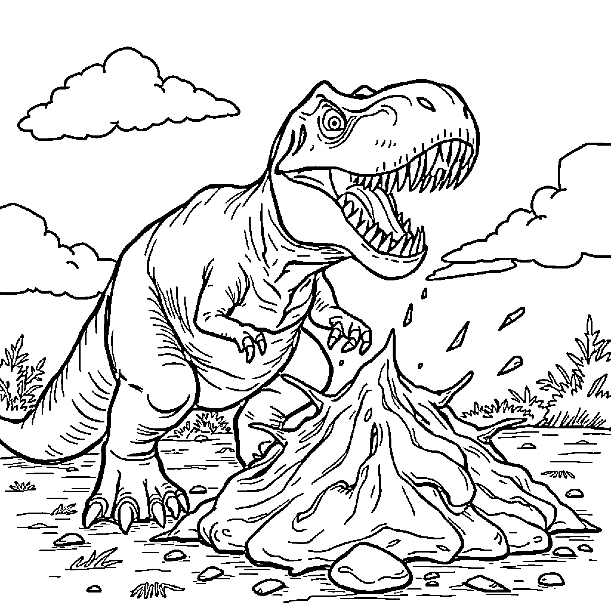 T-Rex Exploring Prehistoric Landscape Coloring Page (free black-and-white line drawing printable PDF for all, from beginners to advanced learners, including children, teens, adults, and seniors)