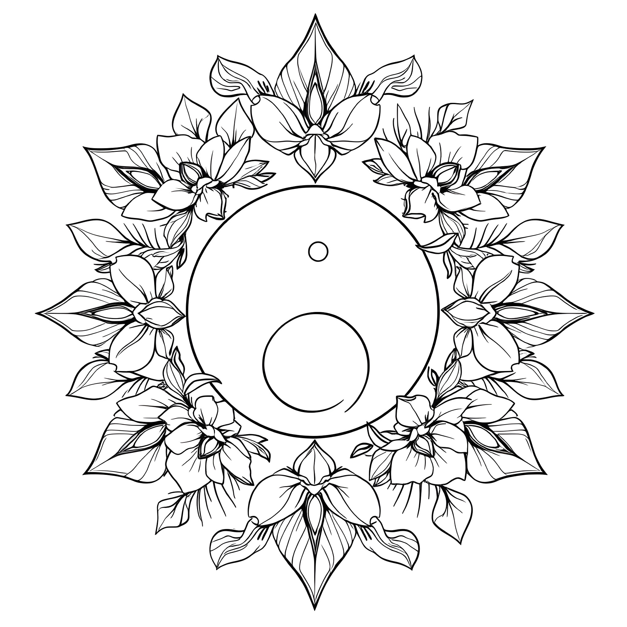 Yin Yang Lotus Flower Mandala Coloring Page (free black-and-white line drawing printable PDF for all, from beginners to advanced learners, including children, teens, adults, and seniors)