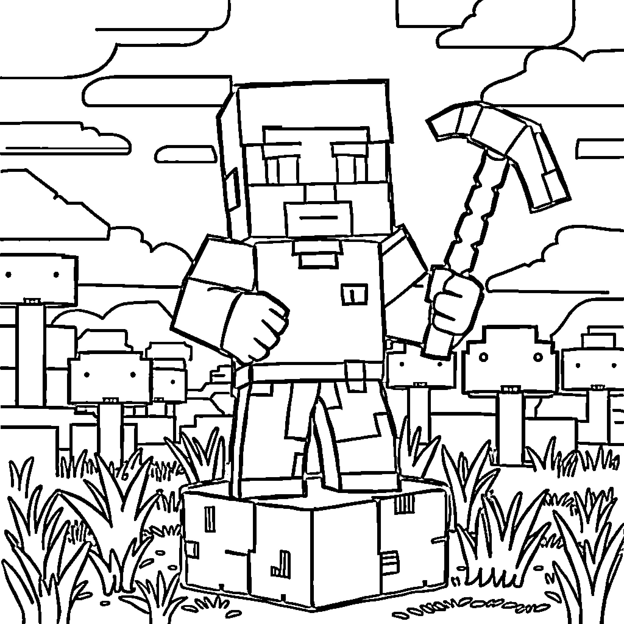 Steve exploring the blocky world with a pickaxe Coloring Page (free black-and-white line drawing printable PDF for all, from beginners to advanced learners, including children, teens, adults, and seniors)