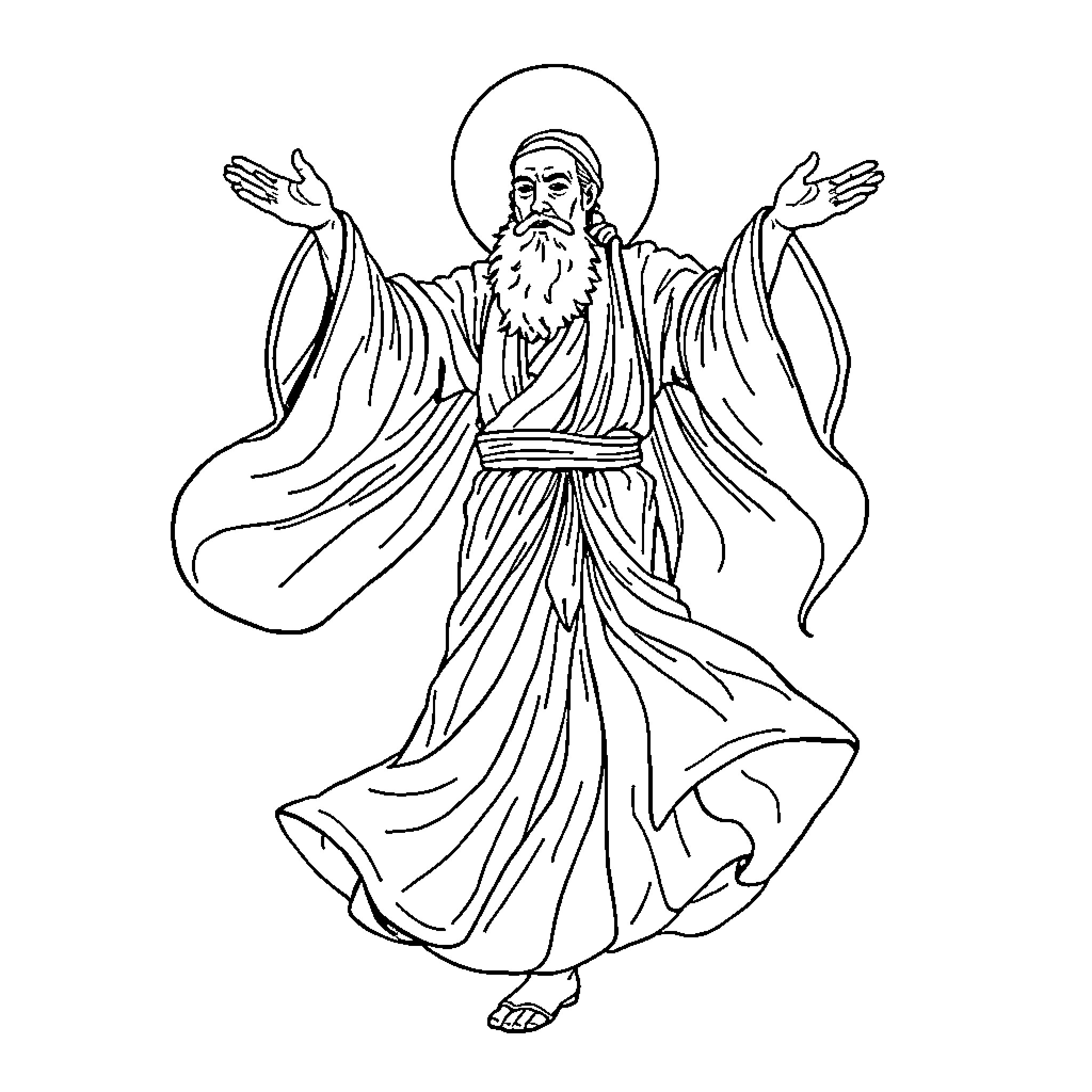 Rumi in Flowing Robes Depicting Spirituality Coloring Page (free black-and-white line drawing printable PDF for all, from beginners to advanced learners, including children, teens, adults, and seniors)