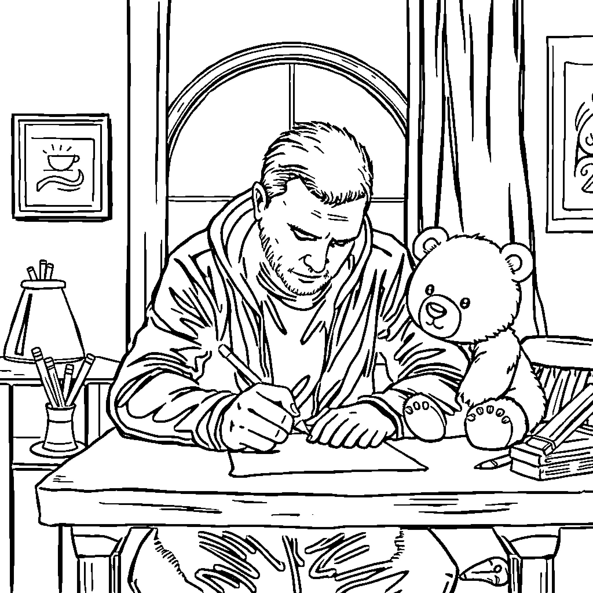 Bear writing at desk with teddy bear companion Coloring Page (free black-and-white line drawing printable PDF for all, from beginners to advanced learners, including children, teens, adults, and seniors)